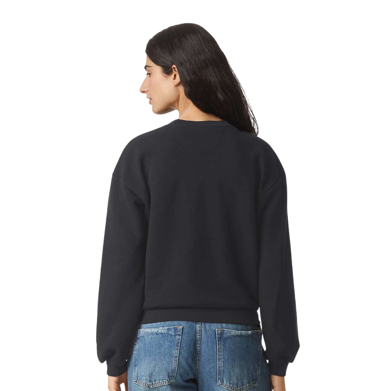 Black American Apparel Women's ReFlex Fleece Crewneck Sweatshirt with a cropped boxy silhouette, balloon sleeves, and lightweight cotton-blend fleece construction for everyday wear and customization.