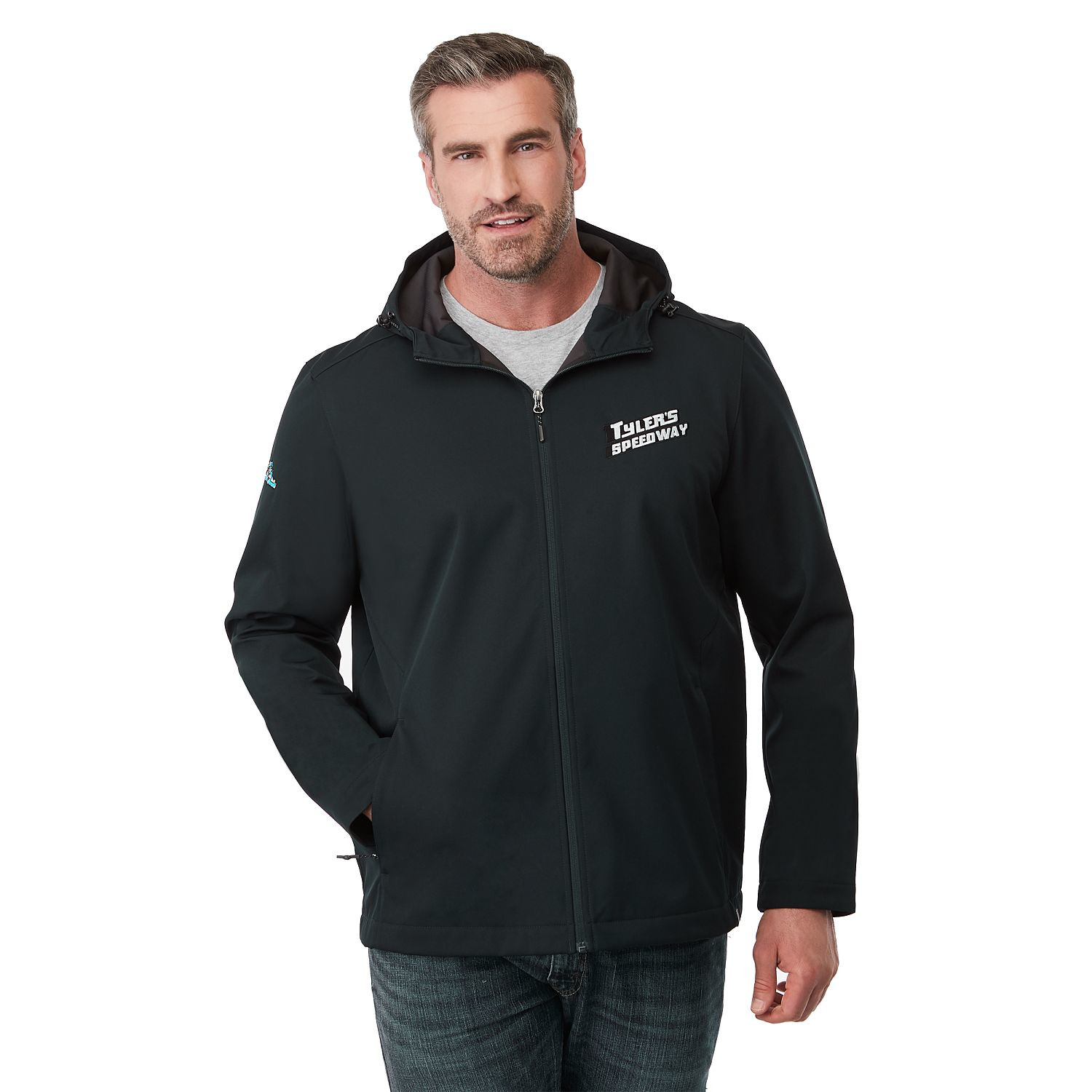 Navy men's lightweight softshell jacket made from recycled polyester with an adjustable hood, full-zip front, long sleeves, water-resistant finish, breathable membrane, articulated elbows, and ergonomic fit for everyday outdoor wear.