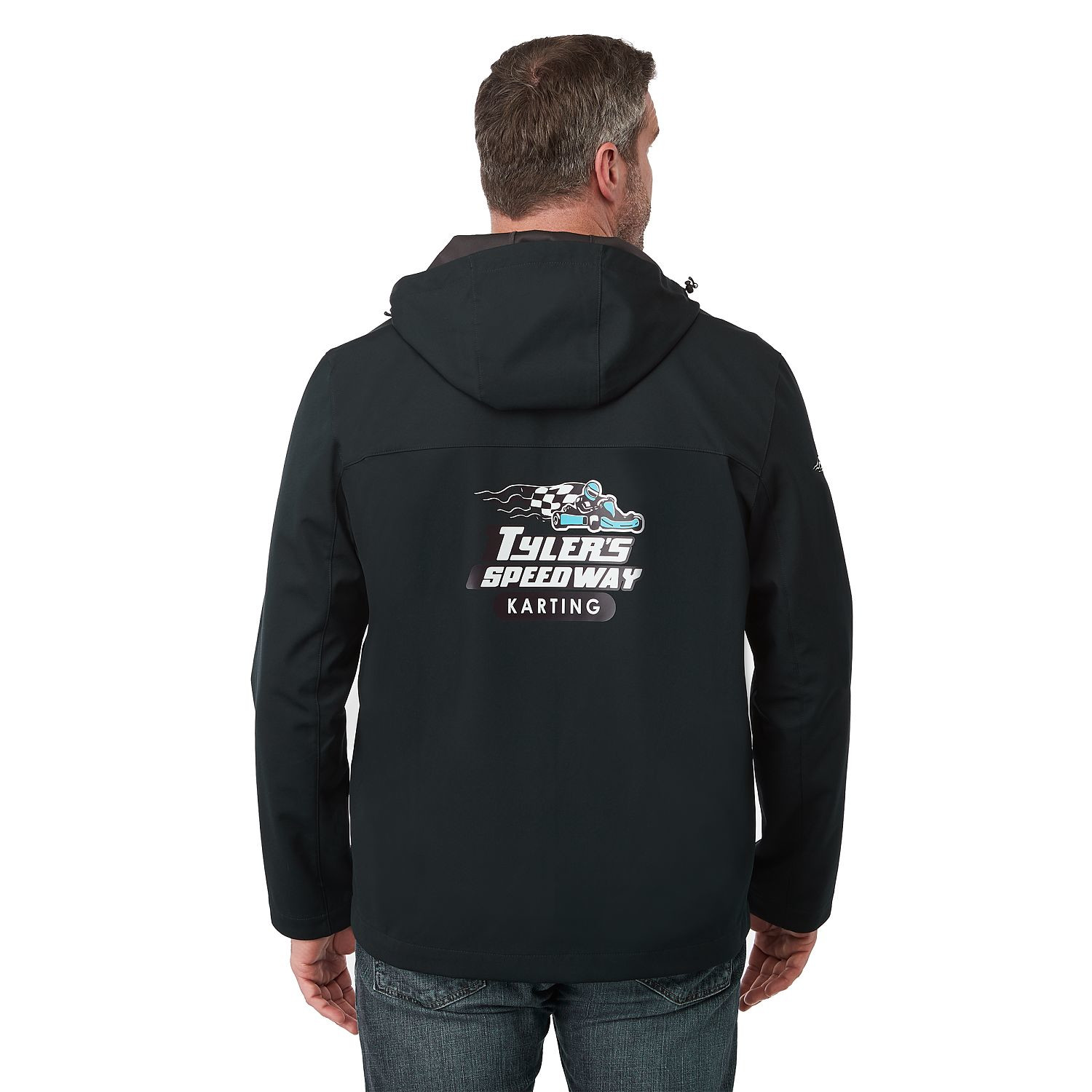 Navy men's lightweight softshell jacket made from recycled polyester with an adjustable hood, full-zip front, long sleeves, water-resistant finish, breathable membrane, articulated elbows, and ergonomic fit for everyday outdoor wear.