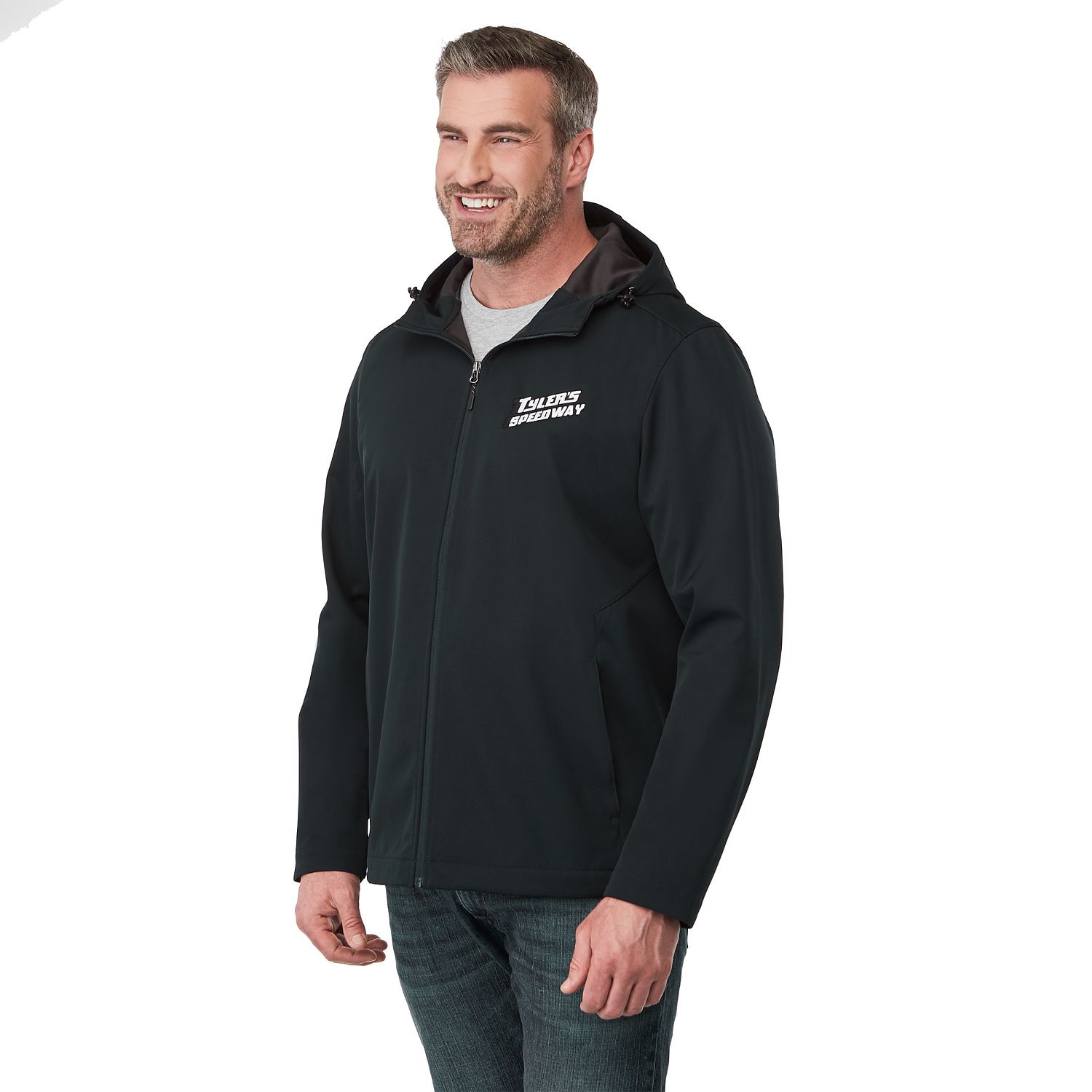 Navy men's lightweight softshell jacket made from recycled polyester with an adjustable hood, full-zip front, long sleeves, water-resistant finish, breathable membrane, articulated elbows, and ergonomic fit for everyday outdoor wear.