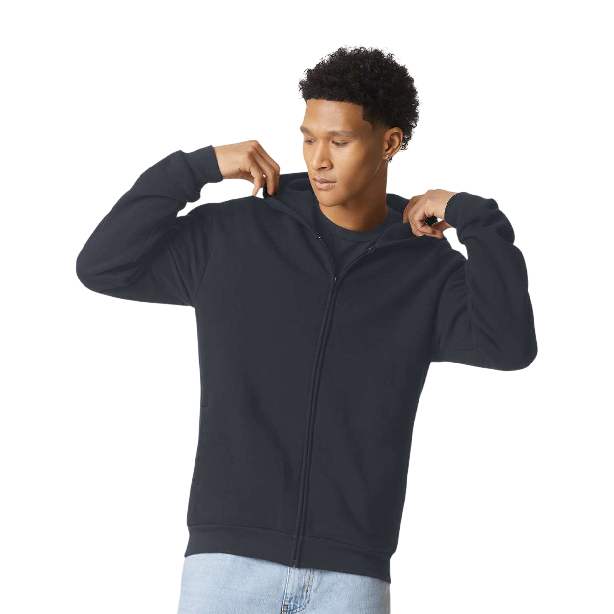 Black American Apparel ReFlex Fleece Full-Zip Hoodie Sweatshirt, featuring a full-length matching zipper, drawcord-free hood, rib-knit cuffs and hem, side pockets, and soft cotton-recycled polyester fleece construction for casual wear and custom decoration.