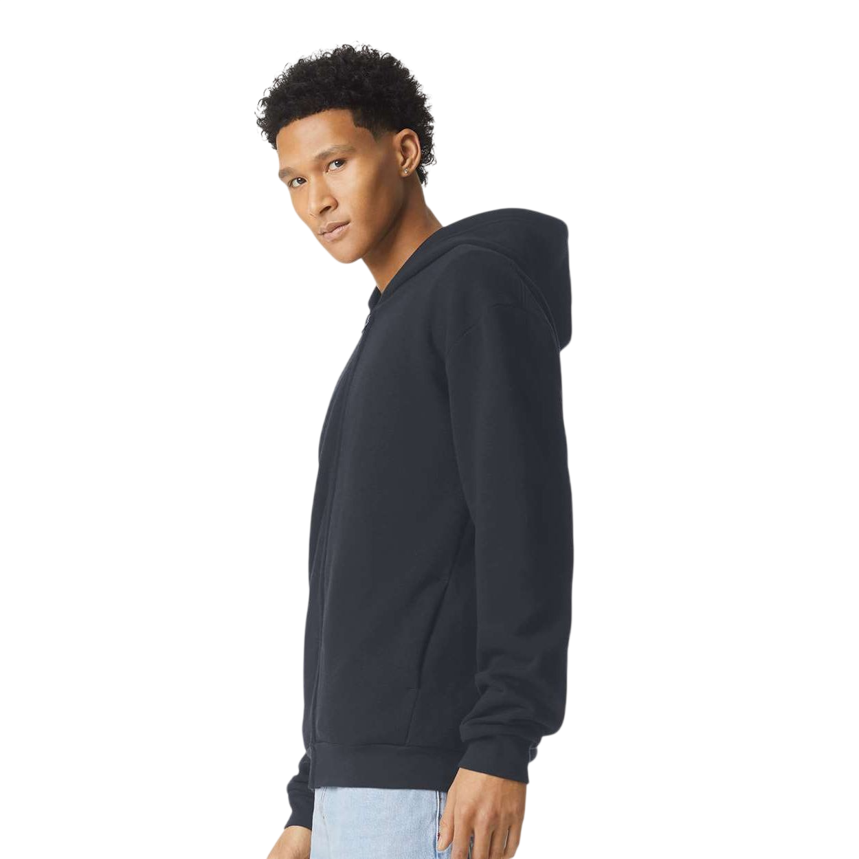 Black American Apparel ReFlex Fleece Full-Zip Hoodie Sweatshirt, featuring a full-length matching zipper, drawcord-free hood, rib-knit cuffs and hem, side pockets, and soft cotton-recycled polyester fleece construction for casual wear and custom decoration.