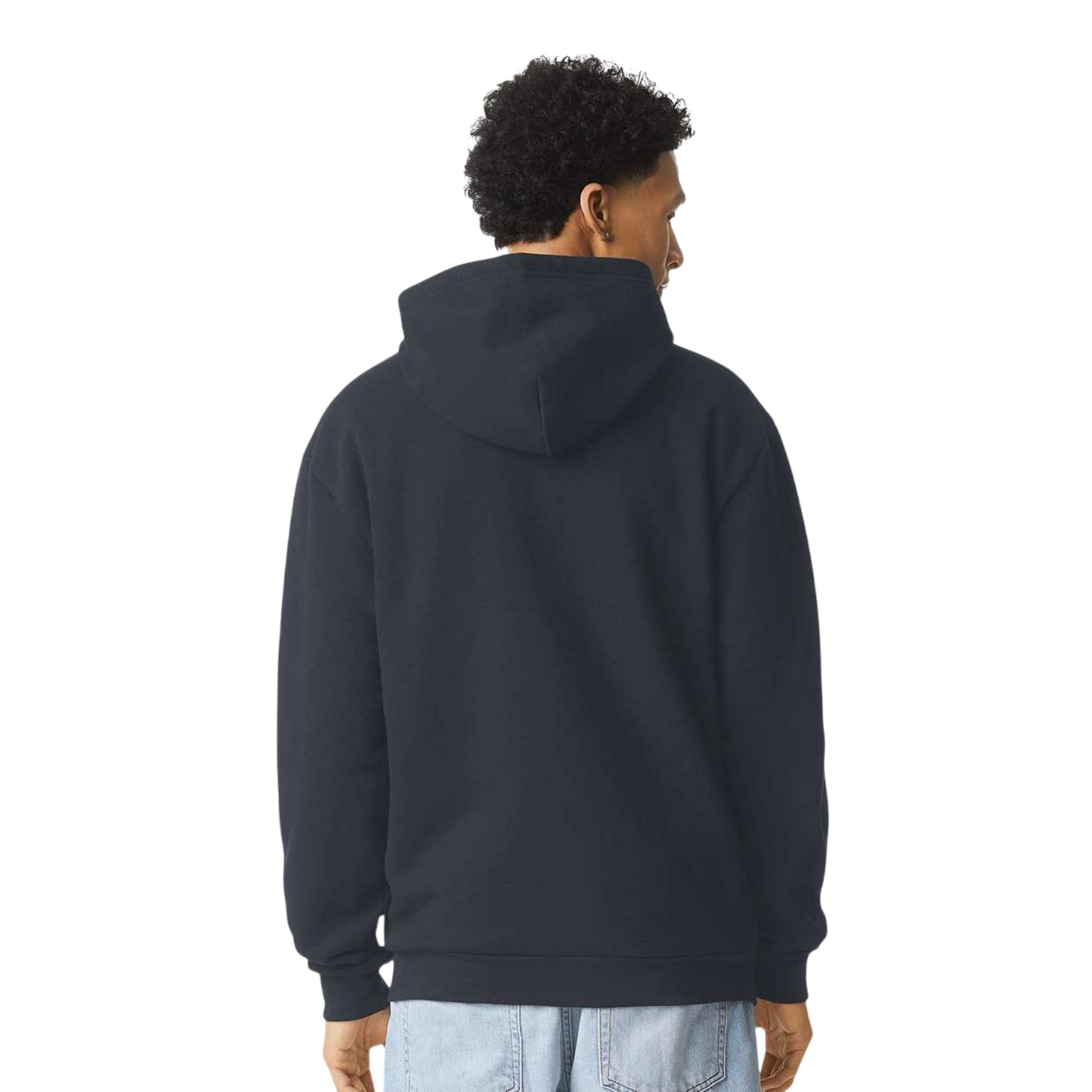 Black American Apparel ReFlex Fleece Full-Zip Hoodie Sweatshirt, featuring a full-length matching zipper, drawcord-free hood, rib-knit cuffs and hem, side pockets, and soft cotton-recycled polyester fleece construction for casual wear and custom decoration.