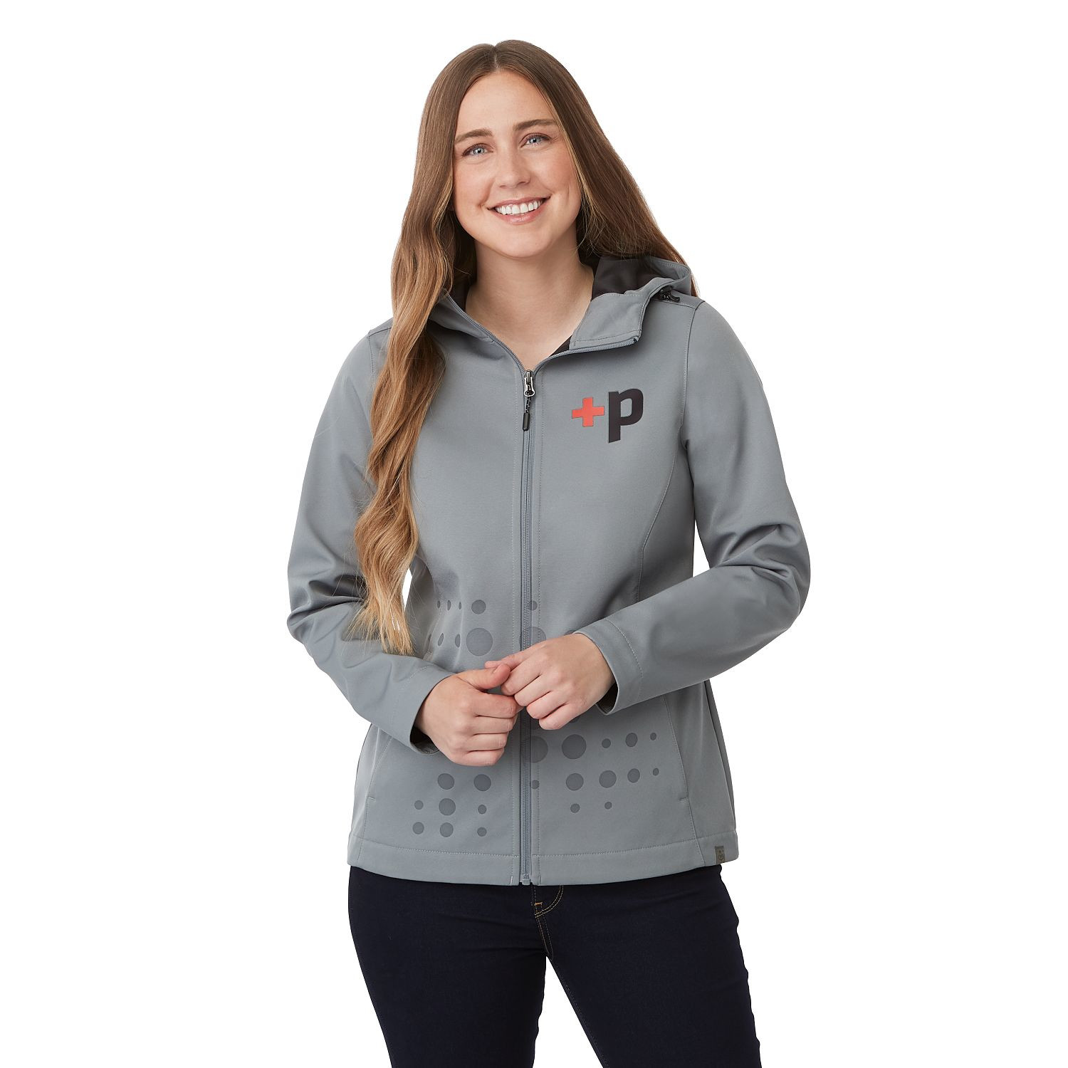 Quarry women's lightweight softshell jacket made from recycled polyester with an adjustable hood, full-zip front, long sleeves, water-resistant finish, breathable membrane, shaped seams, tapered waist, and flexible performance fit for everyday outdoor wear.