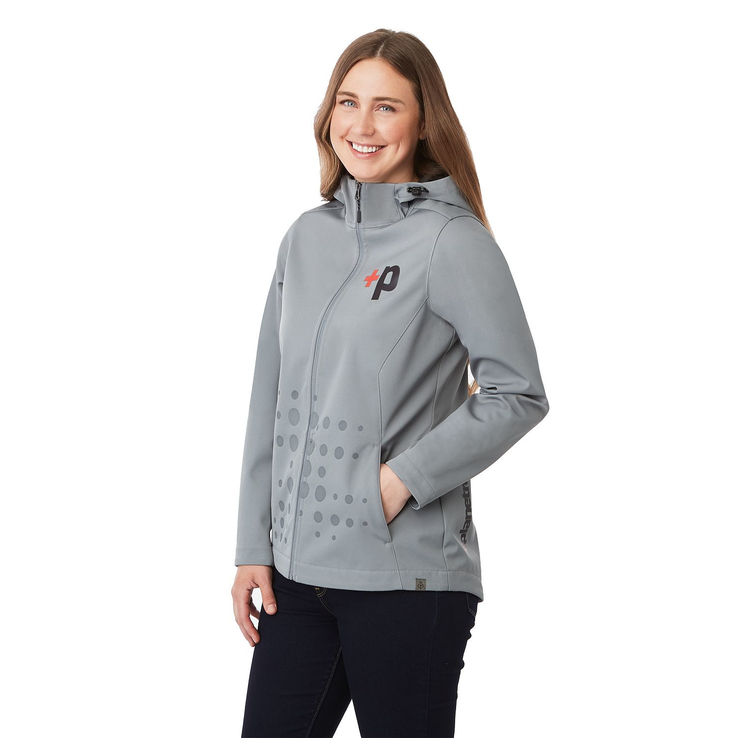 Quarry women's lightweight softshell jacket made from recycled polyester with an adjustable hood, full-zip front, long sleeves, water-resistant finish, breathable membrane, shaped seams, tapered waist, and flexible performance fit for everyday outdoor wear.