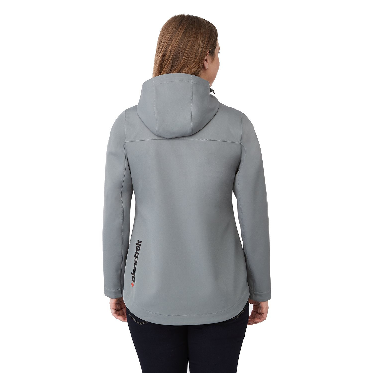 Quarry women's lightweight softshell jacket made from recycled polyester with an adjustable hood, full-zip front, long sleeves, water-resistant finish, breathable membrane, shaped seams, tapered waist, and flexible performance fit for everyday outdoor wear.
