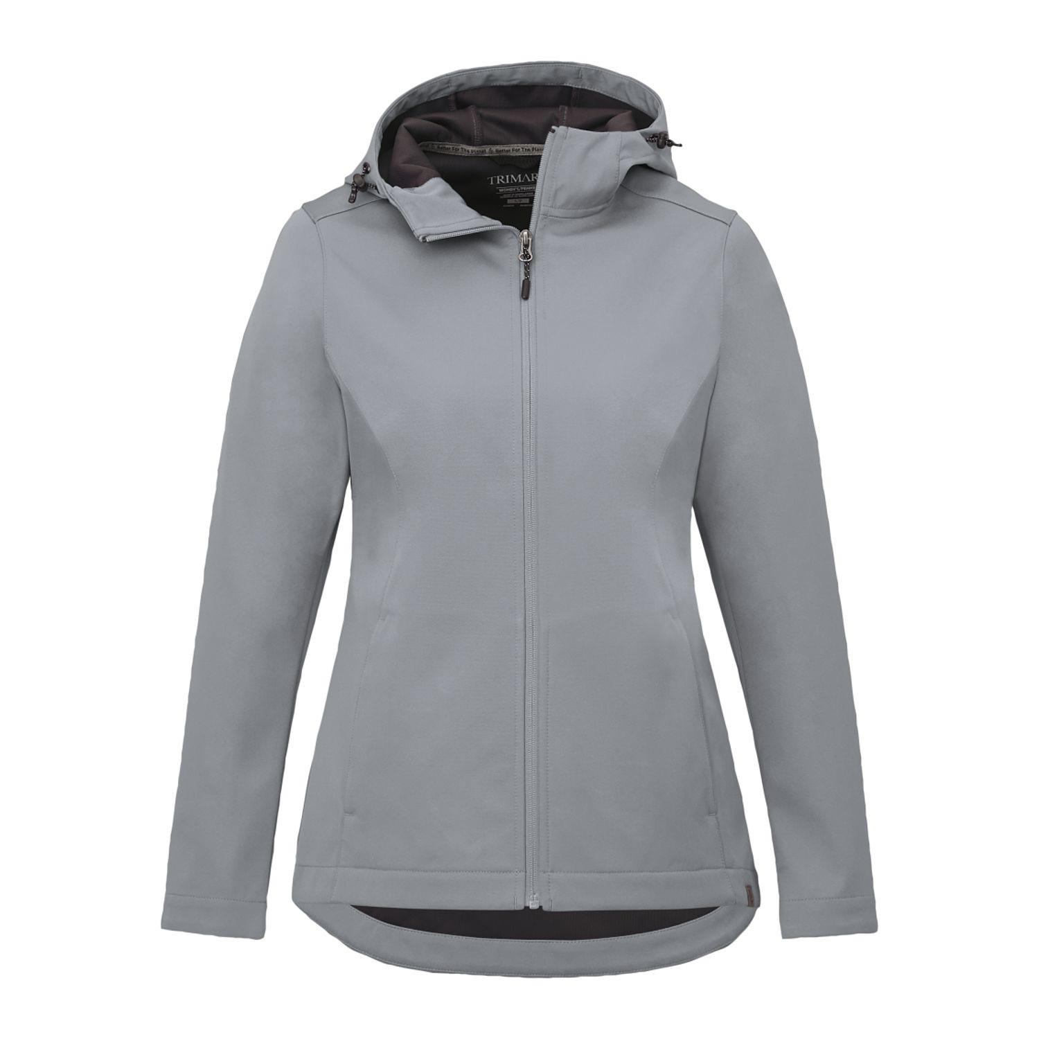 Quarry women's lightweight softshell jacket made from recycled polyester with an adjustable hood, full-zip front, long sleeves, water-resistant finish, breathable membrane, shaped seams, tapered waist, and flexible performance fit for everyday outdoor wear.