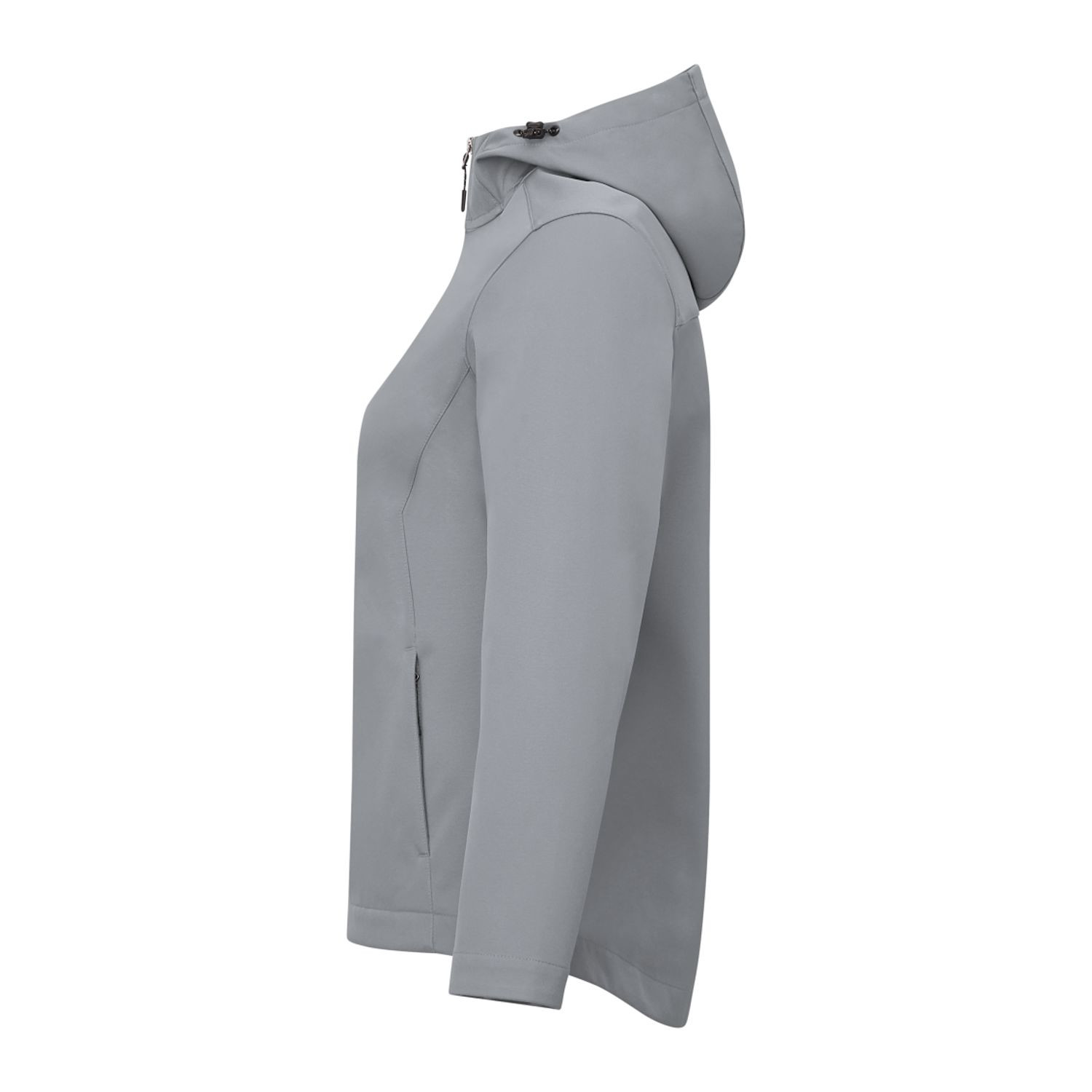 Quarry women's lightweight softshell jacket made from recycled polyester with an adjustable hood, full-zip front, long sleeves, water-resistant finish, breathable membrane, shaped seams, tapered waist, and flexible performance fit for everyday outdoor wear.