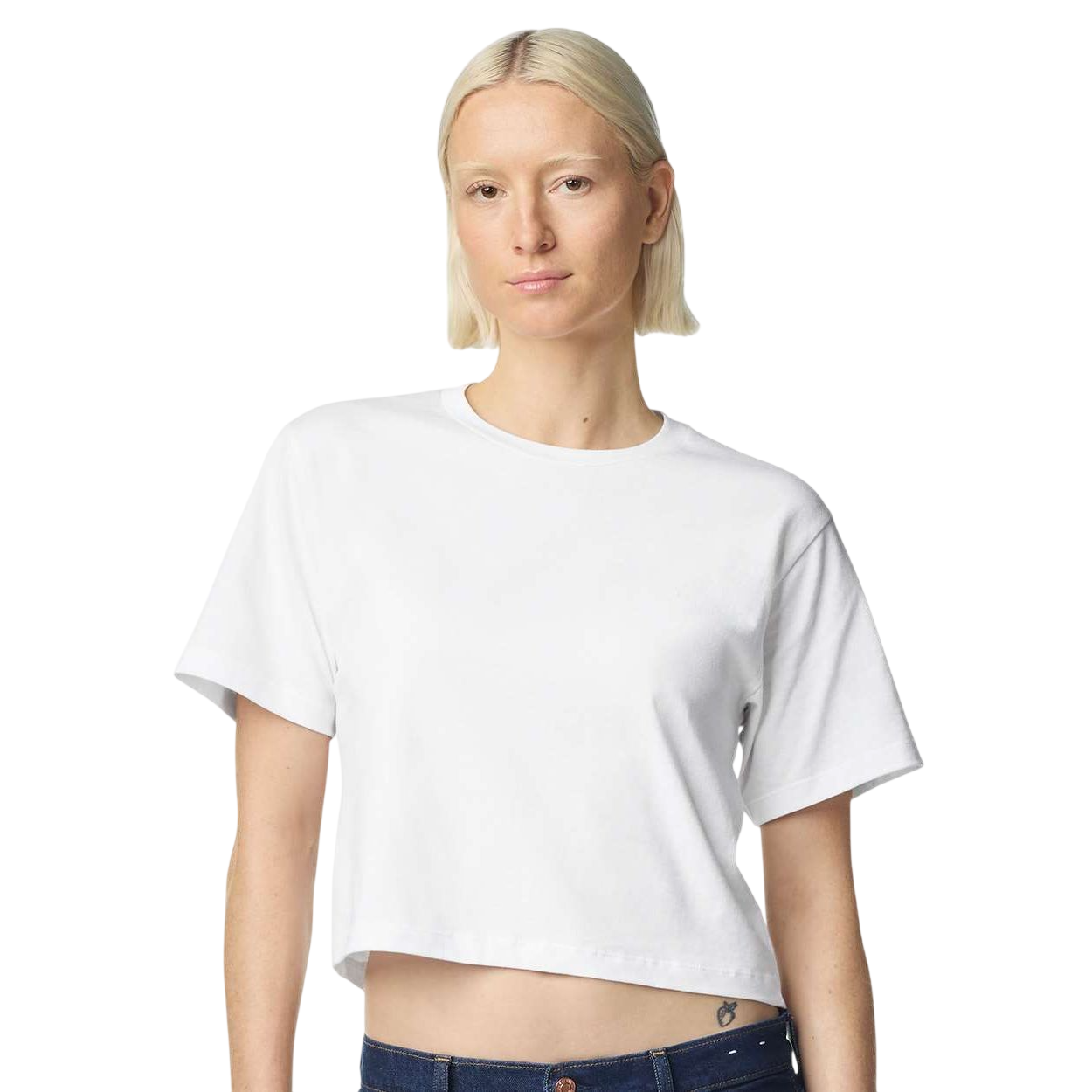 White American Apparel Women's Fine Jersey Boxy T-Shirt in White, featuring a lightweight ring-spun cotton jersey fabric, short sleeves, ribbed crew neckline, and relaxed mid-length boxy fit, ideal for casual wear and custom branding.