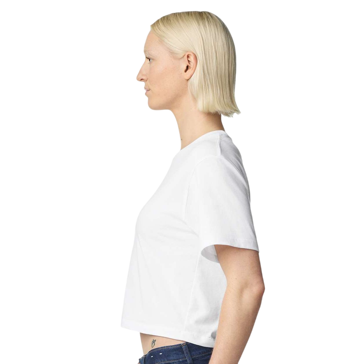 White American Apparel Women's Fine Jersey Boxy T-Shirt in White, featuring a lightweight ring-spun cotton jersey fabric, short sleeves, ribbed crew neckline, and relaxed mid-length boxy fit, ideal for casual wear and custom branding.
