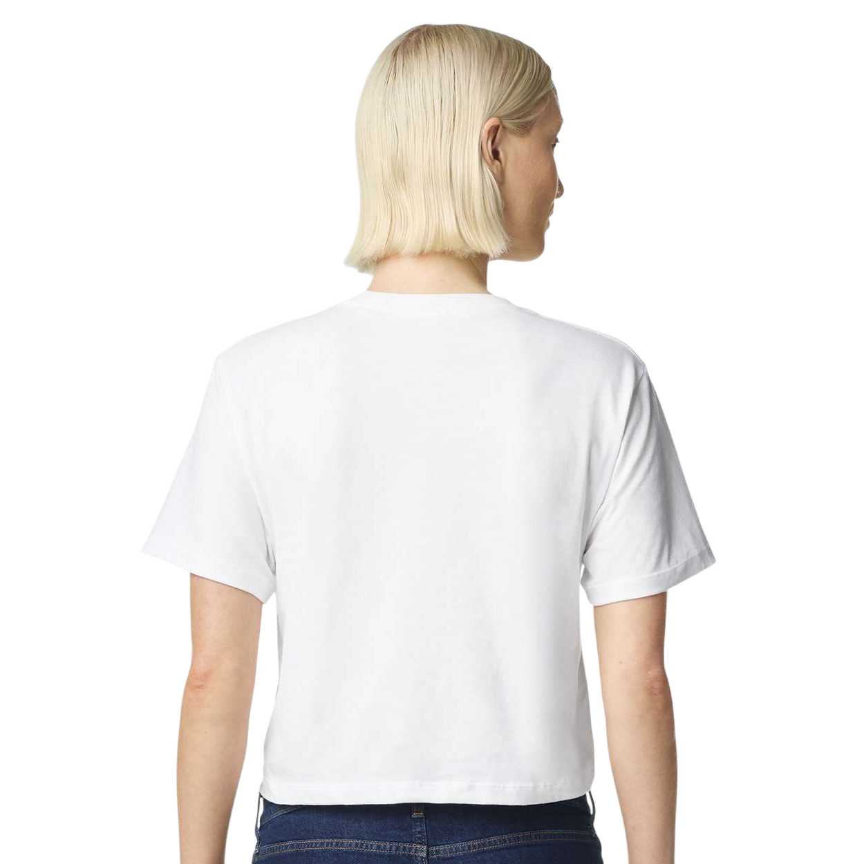 White American Apparel Women's Fine Jersey Boxy T-Shirt in White, featuring a lightweight ring-spun cotton jersey fabric, short sleeves, ribbed crew neckline, and relaxed mid-length boxy fit, ideal for casual wear and custom branding.