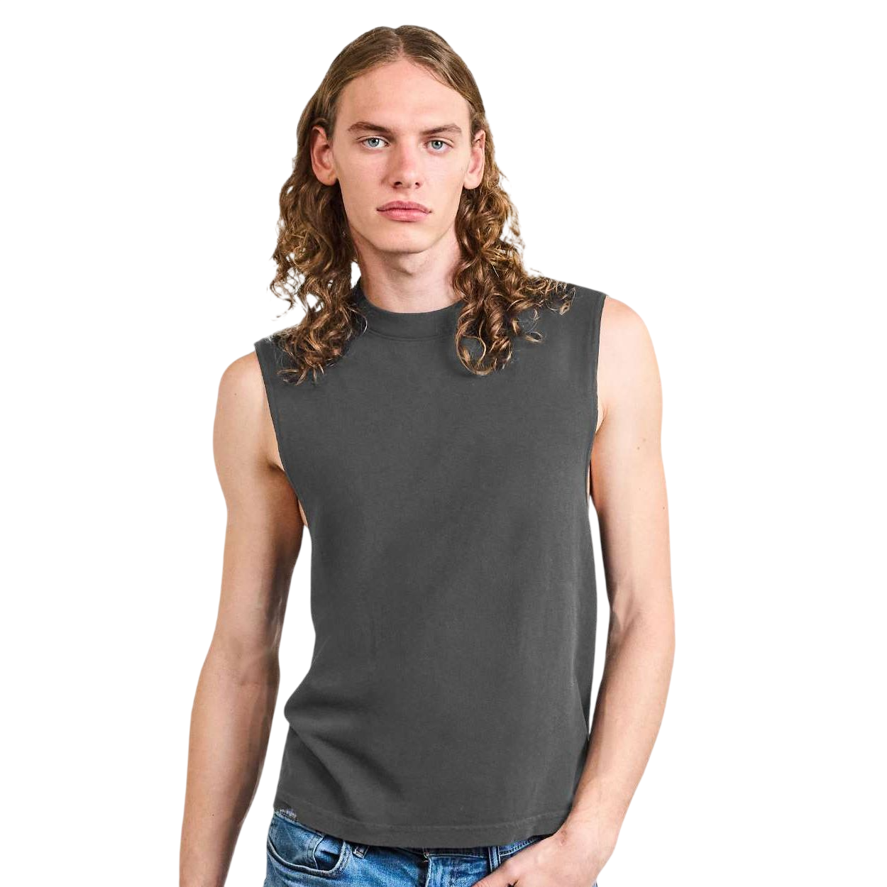 Faded Black American Apparel 207GD Unisex Heavyweight Cotton Garment-Dyed Mid-Length Muscle Tee in faded black, featuring a sleeveless muscle-tee design, boxy mid-length fit, wide rib collar, and heavyweight 100% cotton fabric with a vintage garment-dyed finish for casual everyday wear and custom apparel decoration.