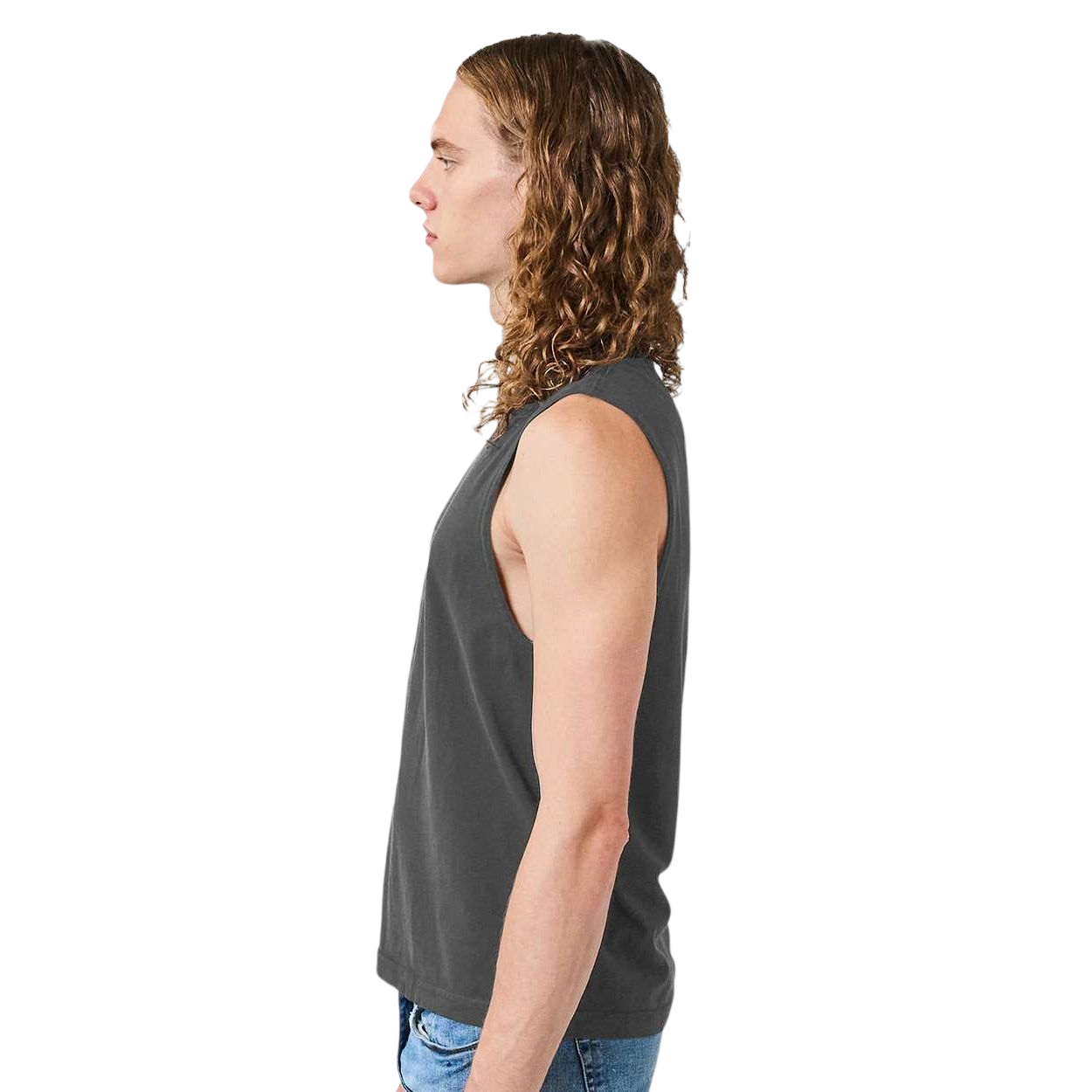 Faded Black American Apparel 207GD Unisex Heavyweight Cotton Garment-Dyed Mid-Length Muscle Tee in faded black, featuring a sleeveless muscle-tee design, boxy mid-length fit, wide rib collar, and heavyweight 100% cotton fabric with a vintage garment-dyed finish for casual everyday wear and custom apparel decoration.