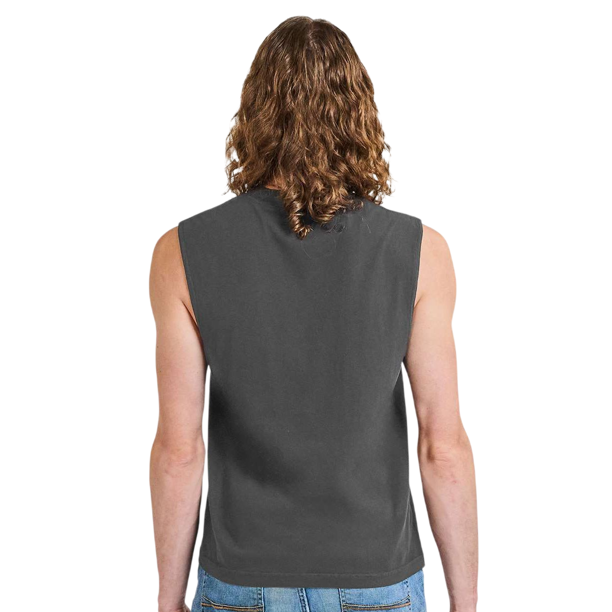 Faded Black American Apparel 207GD Unisex Heavyweight Cotton Garment-Dyed Mid-Length Muscle Tee in faded black, featuring a sleeveless muscle-tee design, boxy mid-length fit, wide rib collar, and heavyweight 100% cotton fabric with a vintage garment-dyed finish for casual everyday wear and custom apparel decoration.