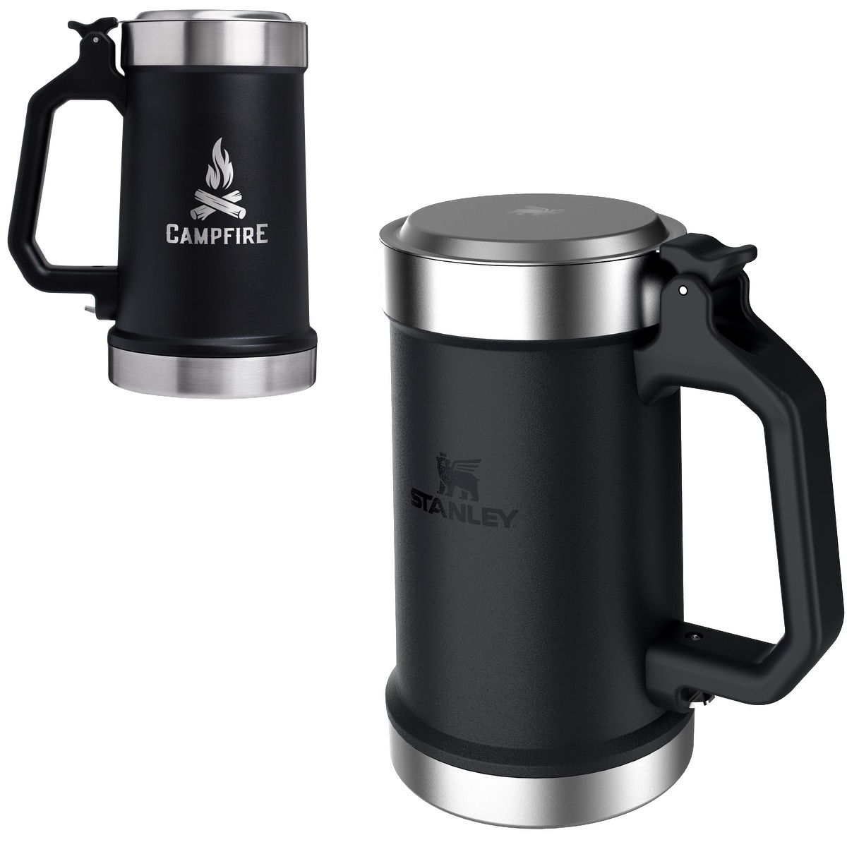 Stanley® 24 oz Classic Bottle Opener Beer Stein in black, featuring double-wall stainless steel construction, a hinged flip-up lid, integrated bottle opener, and sturdy handle, designed for keeping beer and cold beverages insulated during outdoor activities and everyday use.