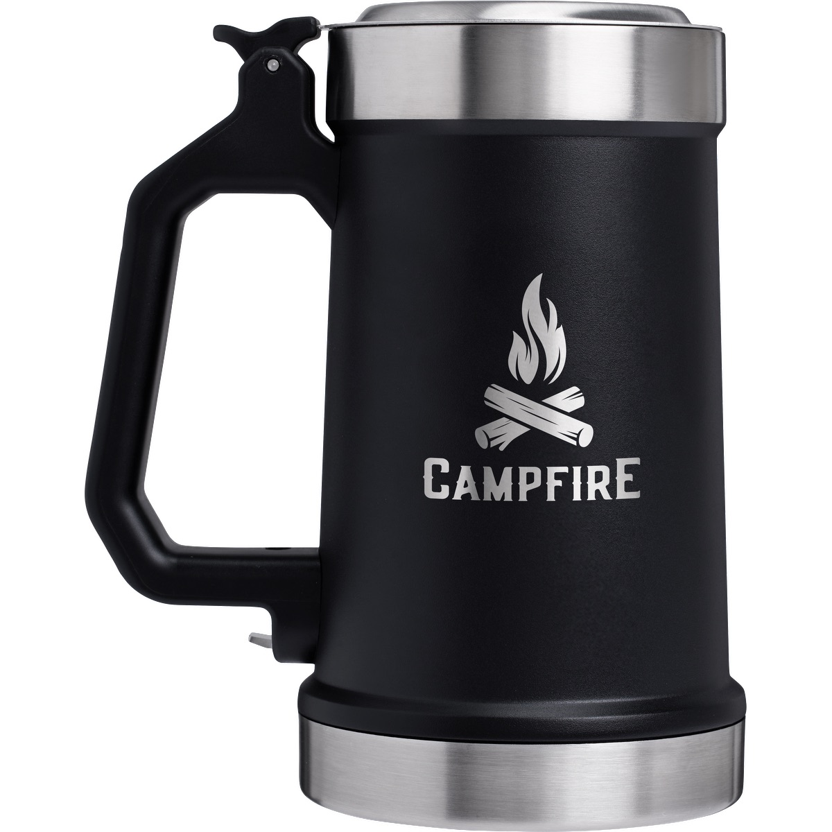 Stanley® 24 oz Classic Bottle Opener Beer Stein in black, featuring double-wall stainless steel construction, a hinged flip-up lid, integrated bottle opener, and sturdy handle, designed for keeping beer and cold beverages insulated during outdoor activities and everyday use.