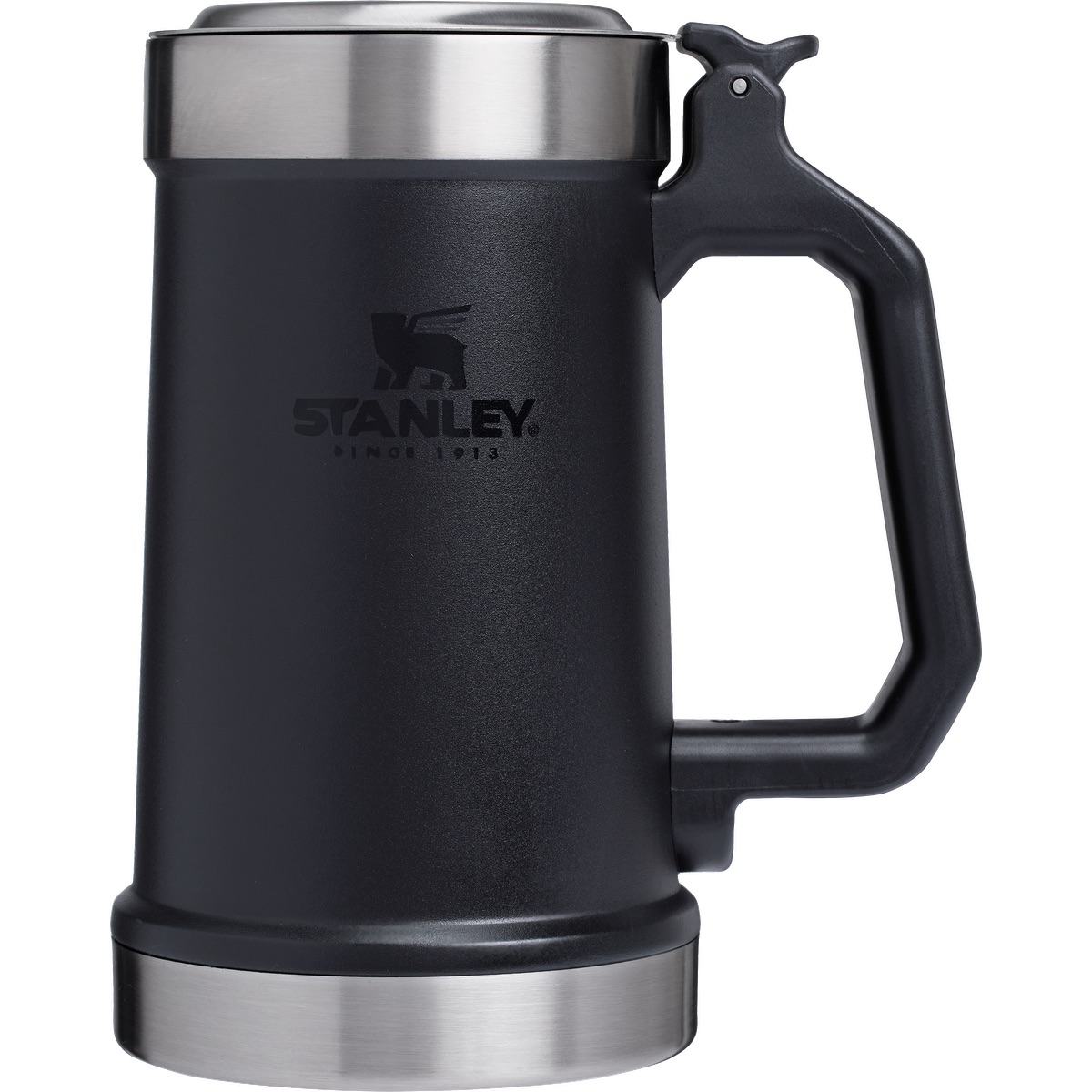 Stanley® 24 oz Classic Bottle Opener Beer Stein in black, featuring double-wall stainless steel construction, a hinged flip-up lid, integrated bottle opener, and sturdy handle, designed for keeping beer and cold beverages insulated during outdoor activities and everyday use.