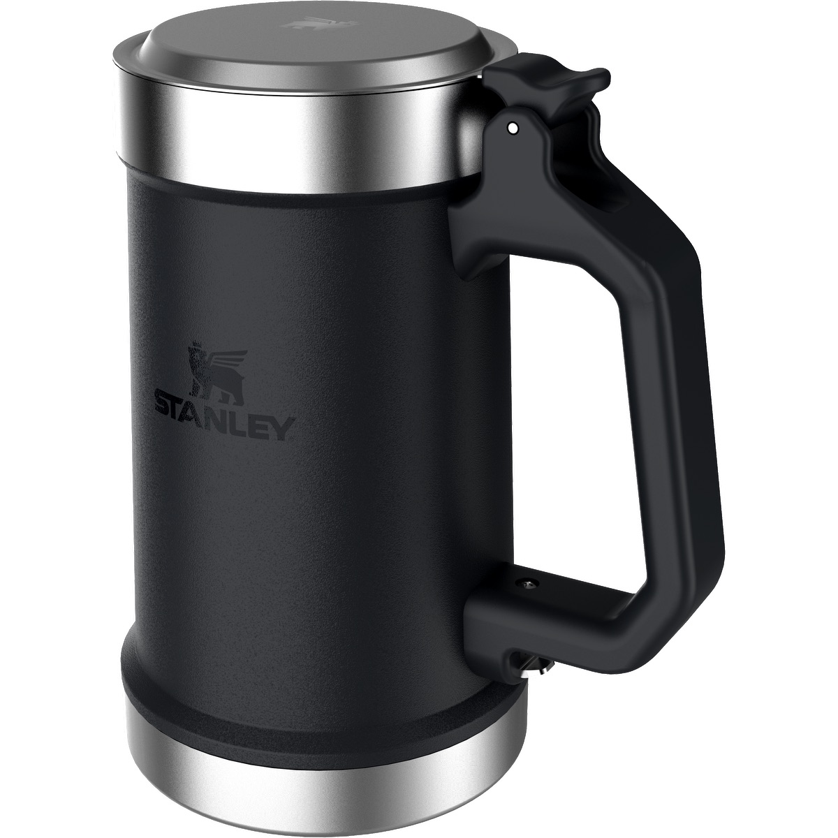 Stanley® 24 oz Classic Bottle Opener Beer Stein in black, featuring double-wall stainless steel construction, a hinged flip-up lid, integrated bottle opener, and sturdy handle, designed for keeping beer and cold beverages insulated during outdoor activities and everyday use.