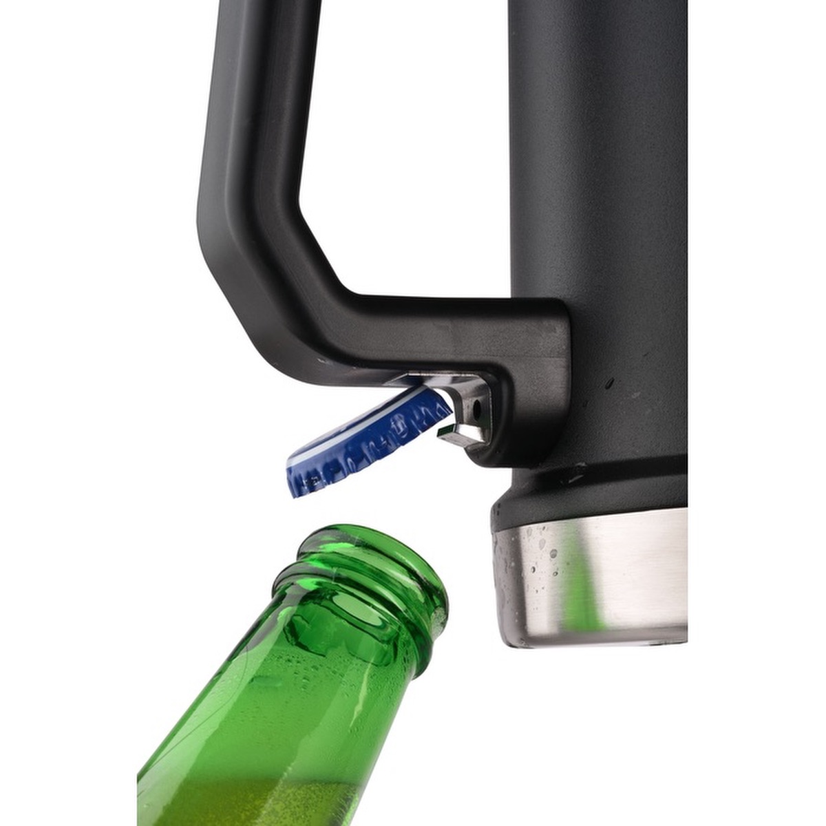 Stanley® 24 oz Classic Bottle Opener Beer Stein in black, featuring double-wall stainless steel construction, a hinged flip-up lid, integrated bottle opener, and sturdy handle, designed for keeping beer and cold beverages insulated during outdoor activities and everyday use.