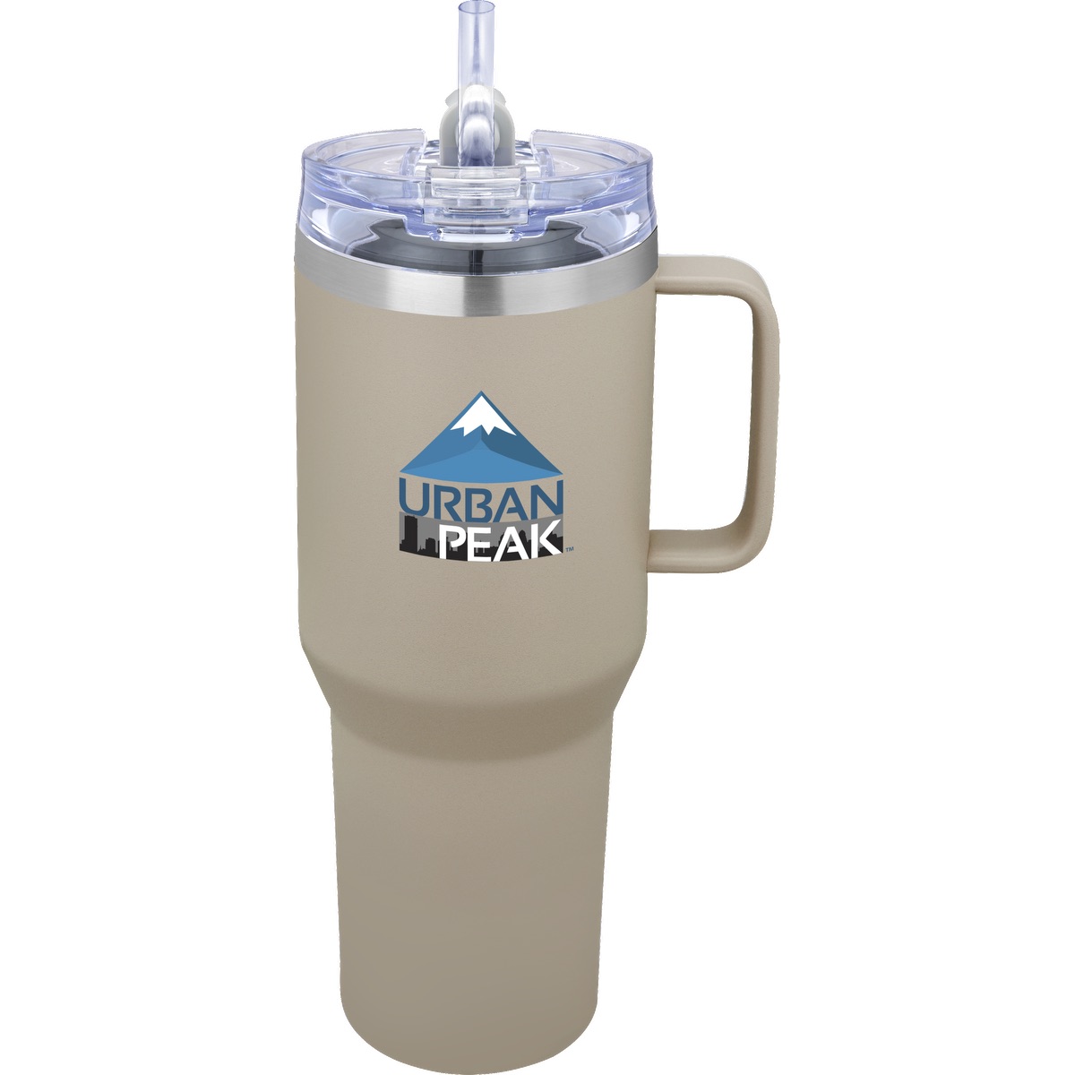 Sand-colored vacuum-insulated stainless steel travel mug with powder-coated finish, sturdy handle, flip-top lid with snap-lock closure, and clear Tritan straw.