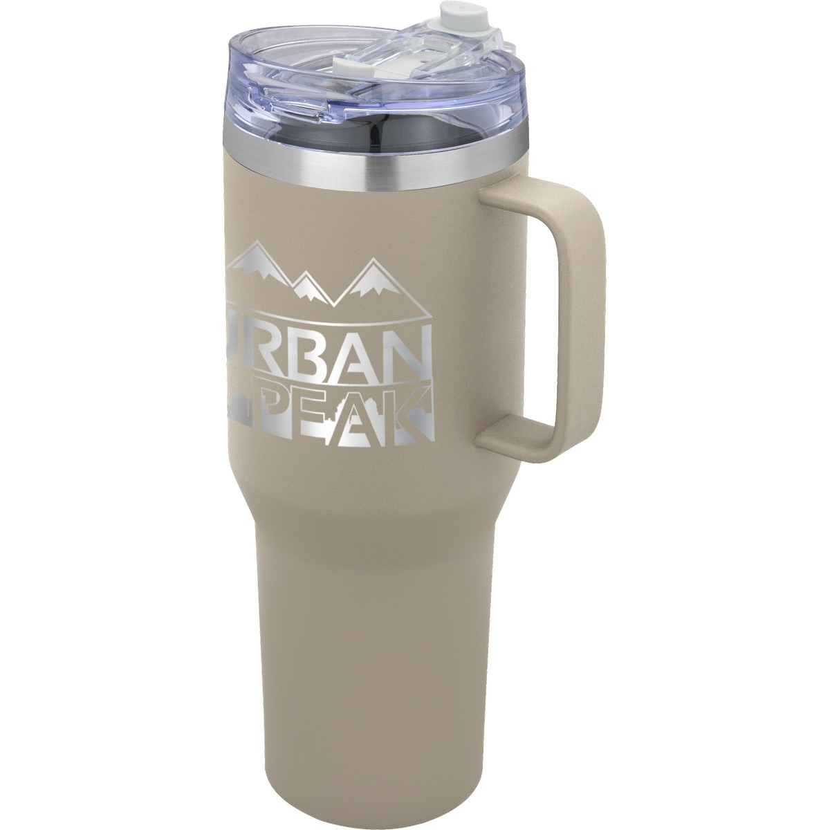 Sand-colored vacuum-insulated stainless steel travel mug with powder-coated finish, sturdy handle, flip-top lid with snap-lock closure, and clear Tritan straw.