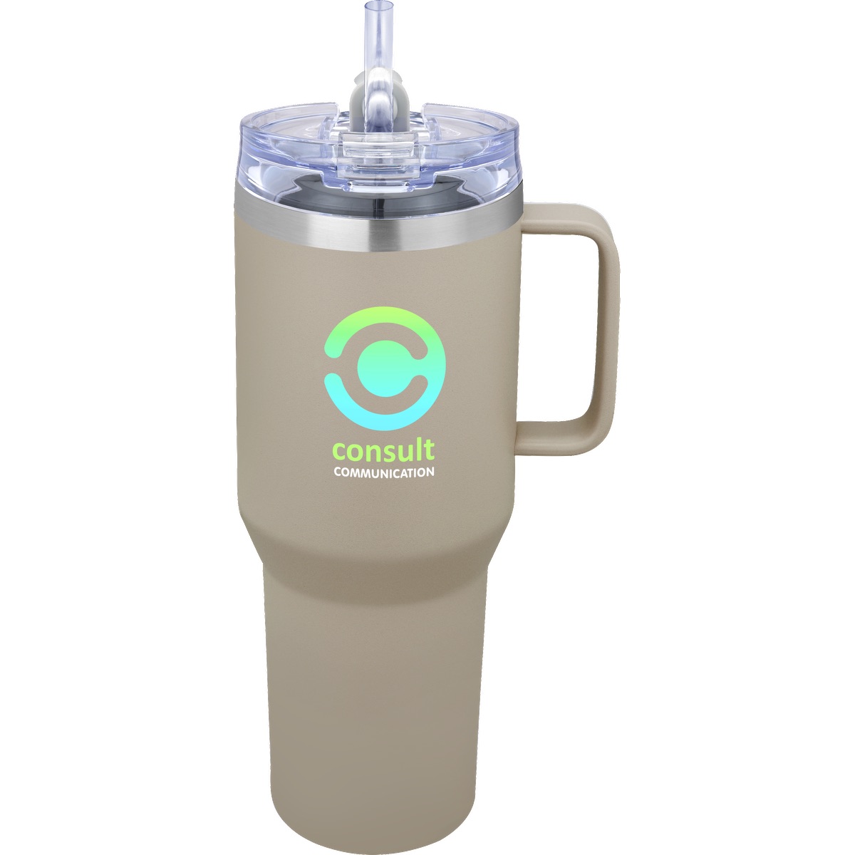 Sand-colored vacuum-insulated stainless steel travel mug with powder-coated finish, sturdy handle, flip-top lid with snap-lock closure, and clear Tritan straw.