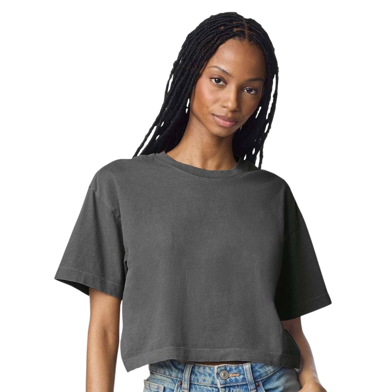 Faded Black American Apparel Women's Garment-Dyed Heavyweight Cropped T-Shirt, featuring a boxy cropped fit, short sleeves, crew neck, and garment-dyed 100% cotton fabric with a vintage washed appearance, ideal for casual wear and custom branding.