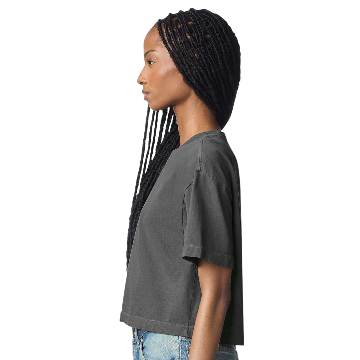 Faded Black American Apparel Women's Garment-Dyed Heavyweight Cropped T-Shirt, featuring a boxy cropped fit, short sleeves, crew neck, and garment-dyed 100% cotton fabric with a vintage washed appearance, ideal for casual wear and custom branding.