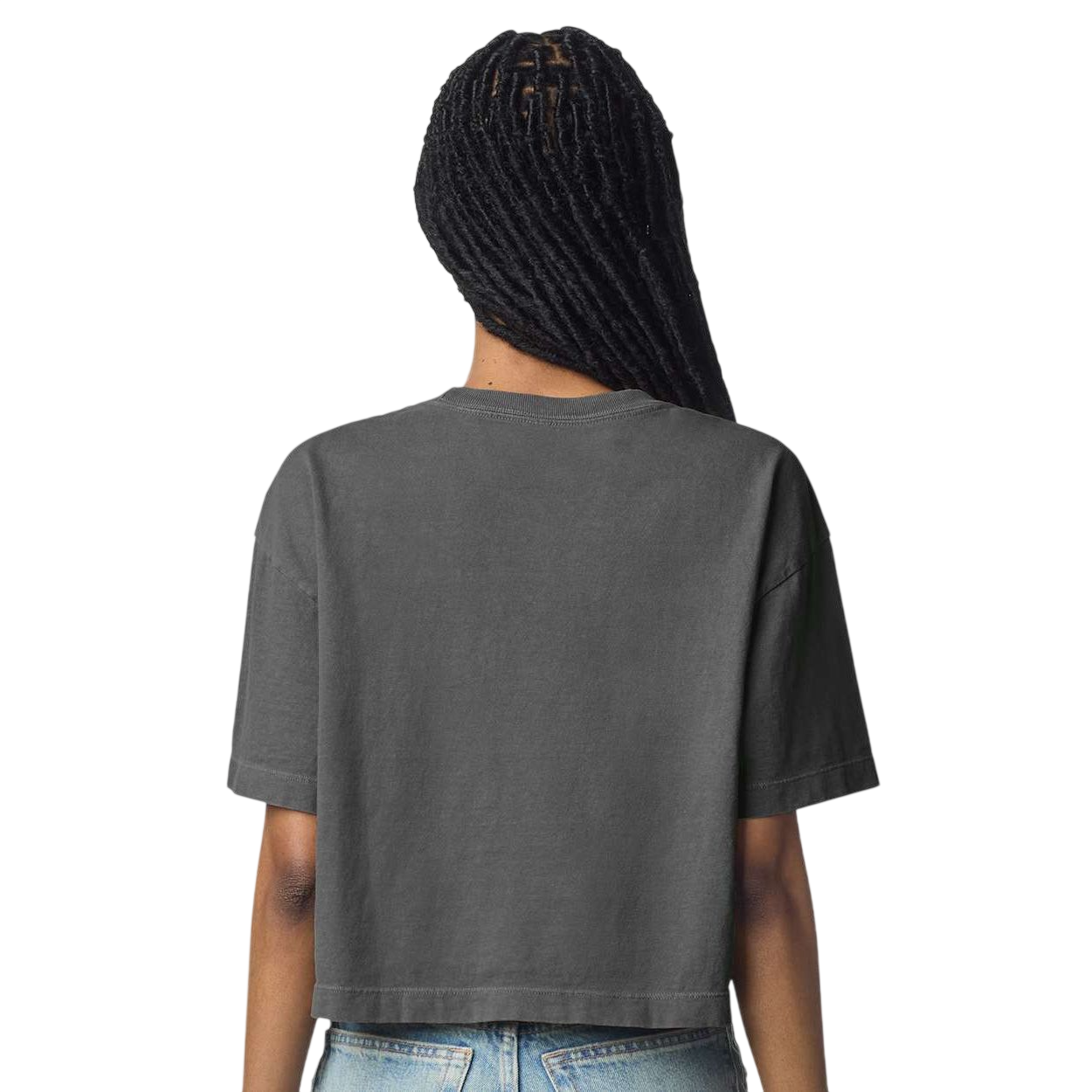 Faded Black American Apparel Women's Garment-Dyed Heavyweight Cropped T-Shirt, featuring a boxy cropped fit, short sleeves, crew neck, and garment-dyed 100% cotton fabric with a vintage washed appearance, ideal for casual wear and custom branding.