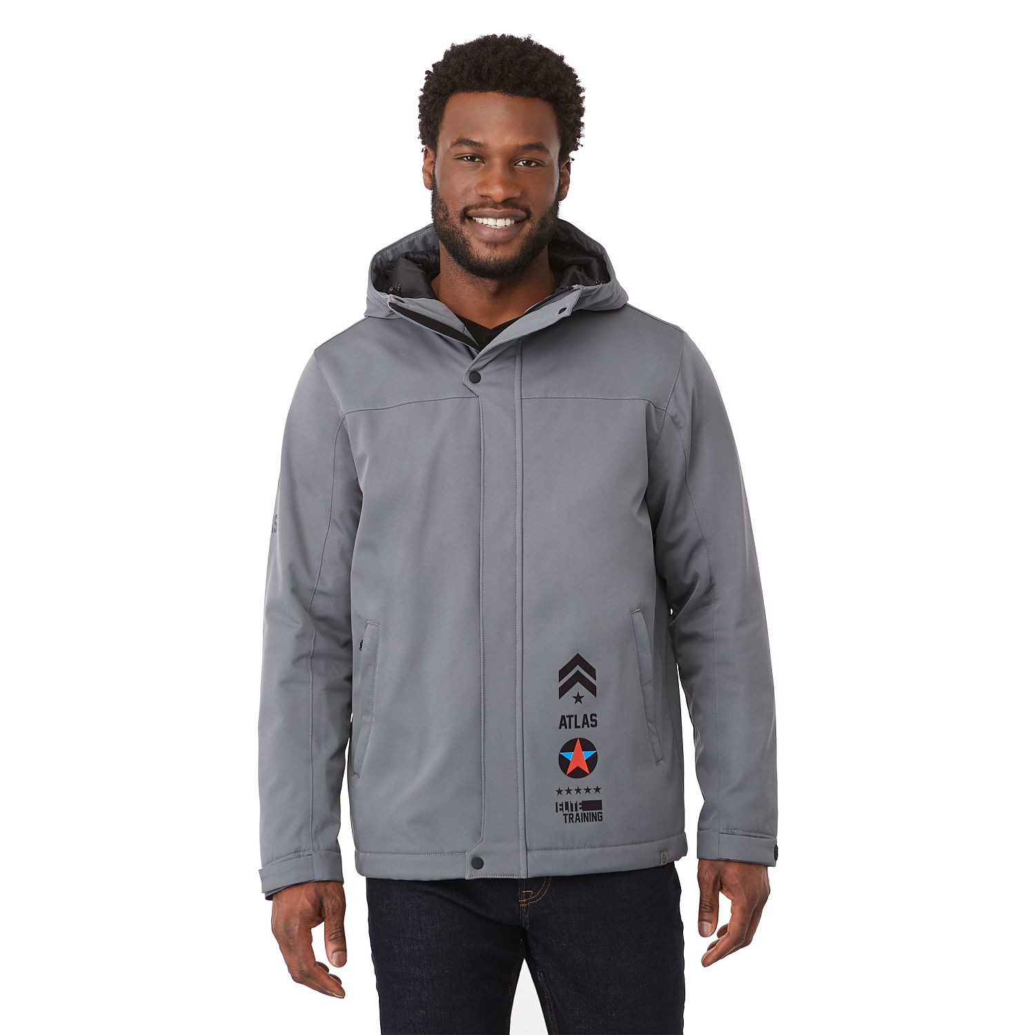Steel Gray insulated hooded jacket made from recycled polyester with waterproof breathable membrane, quilted interior design, adjustable cuffs, dropped back hem, and lightweight weather-resistant construction.