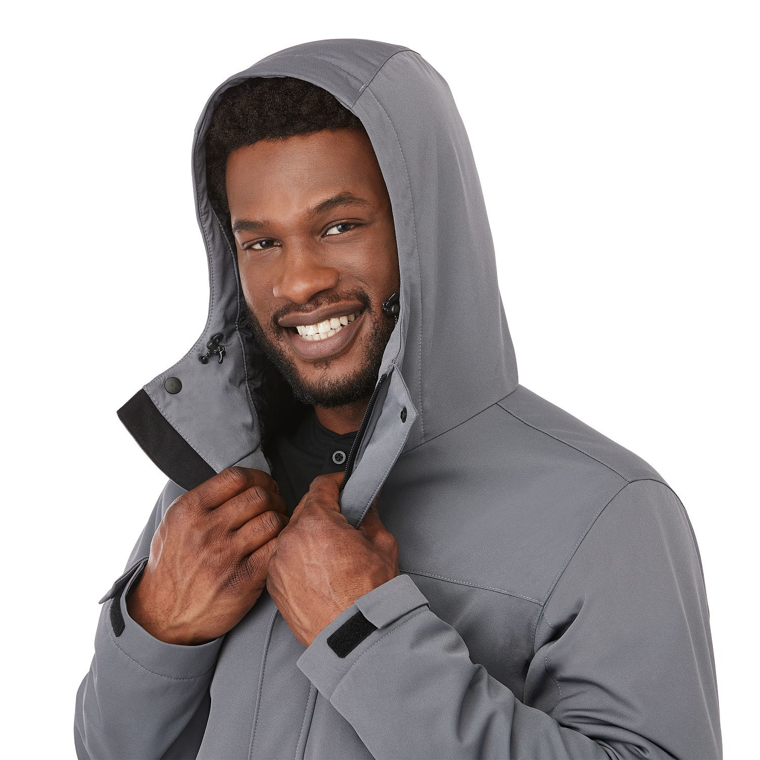 teel Grey insulated hooded jacket made from recycled polyester with waterproof breathable membrane, quilted interior design, adjustable cuffs, dropped back hem, and lightweight weather-resistant construction.