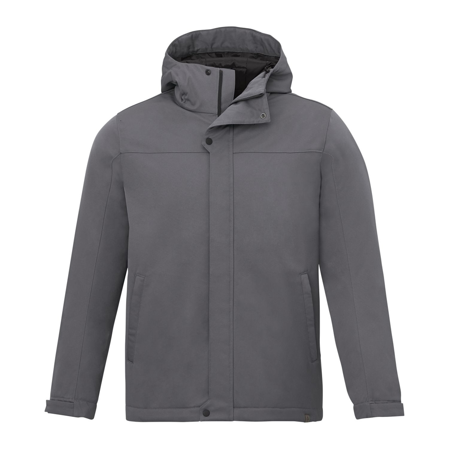 teel Grey insulated hooded jacket made from recycled polyester with waterproof breathable membrane, quilted interior design, adjustable cuffs, dropped back hem, and lightweight weather-resistant construction.