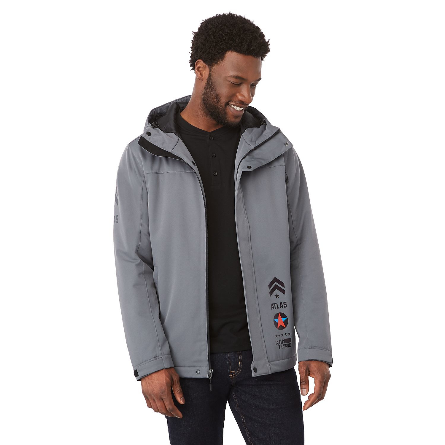 teel Grey insulated hooded jacket made from recycled polyester with waterproof breathable membrane, quilted interior design, adjustable cuffs, dropped back hem, and lightweight weather-resistant construction.