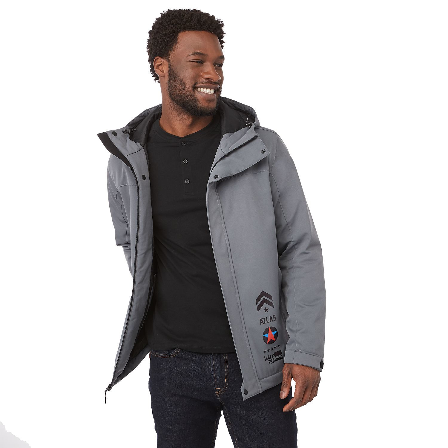 teel Grey insulated hooded jacket made from recycled polyester with waterproof breathable membrane, quilted interior design, adjustable cuffs, dropped back hem, and lightweight weather-resistant construction.