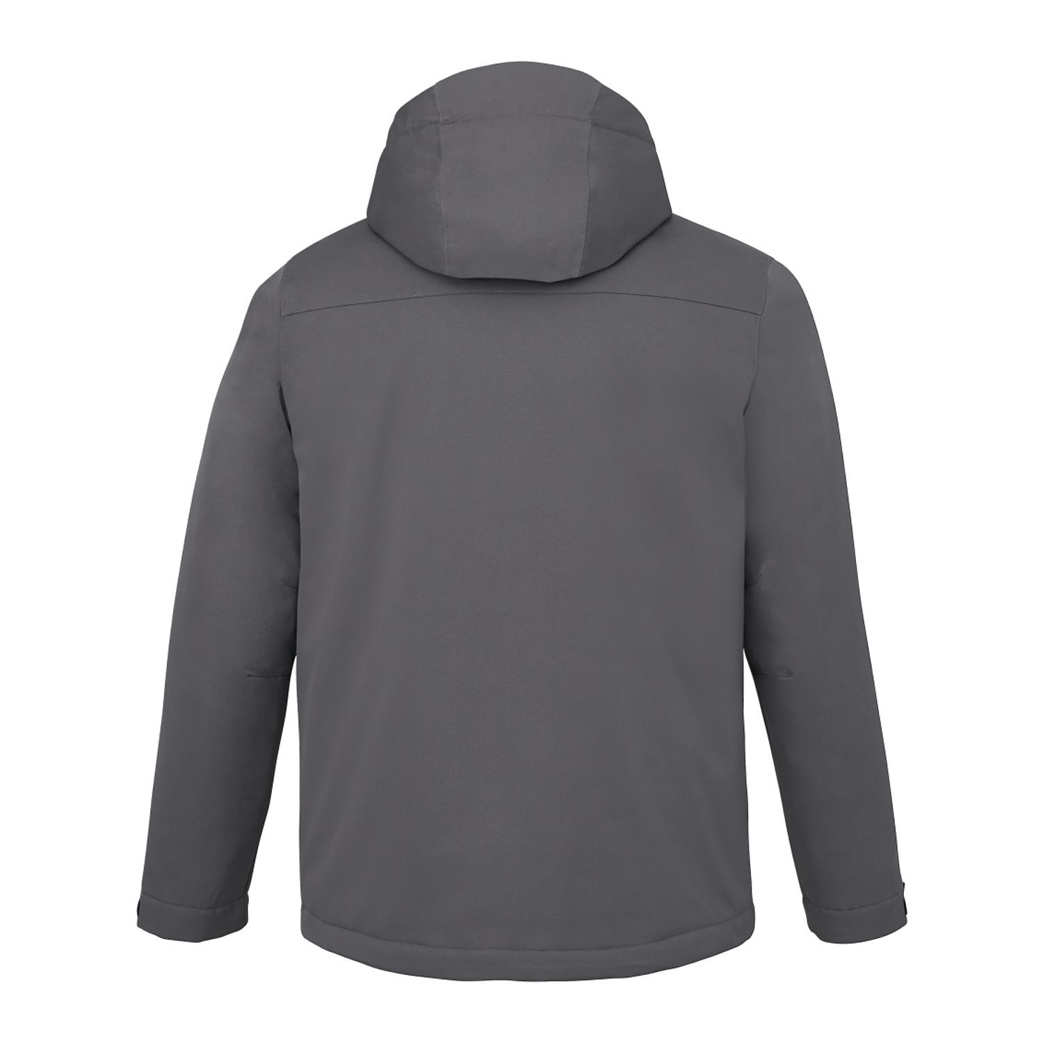 teel Grey insulated hooded jacket made from recycled polyester with waterproof breathable membrane, quilted interior design, adjustable cuffs, dropped back hem, and lightweight weather-resistant construction.