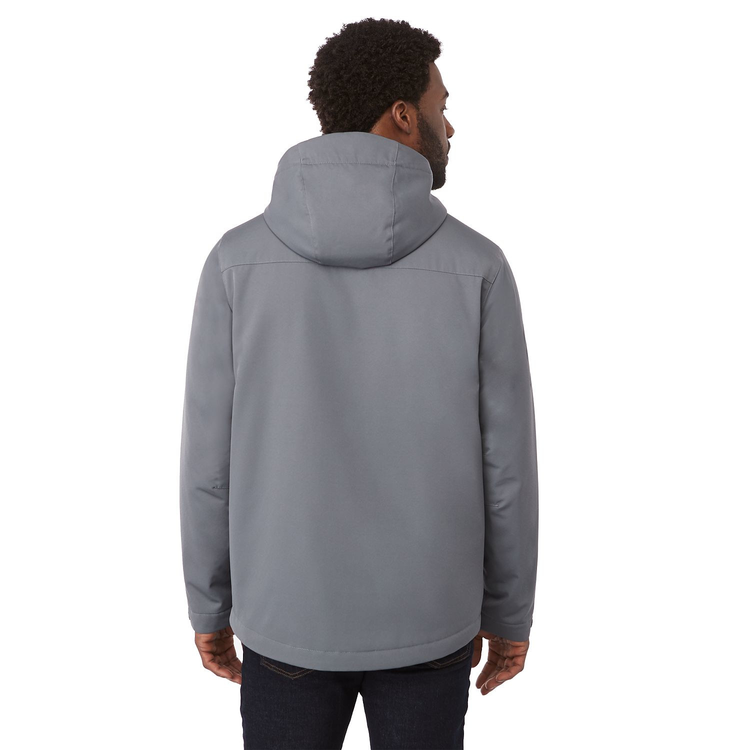 teel Grey insulated hooded jacket made from recycled polyester with waterproof breathable membrane, quilted interior design, adjustable cuffs, dropped back hem, and lightweight weather-resistant construction.