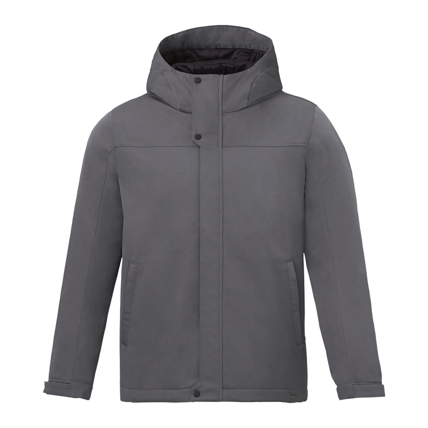 teel Grey insulated hooded jacket made from recycled polyester with waterproof breathable membrane, quilted interior design, adjustable cuffs, dropped back hem, and lightweight weather-resistant construction.