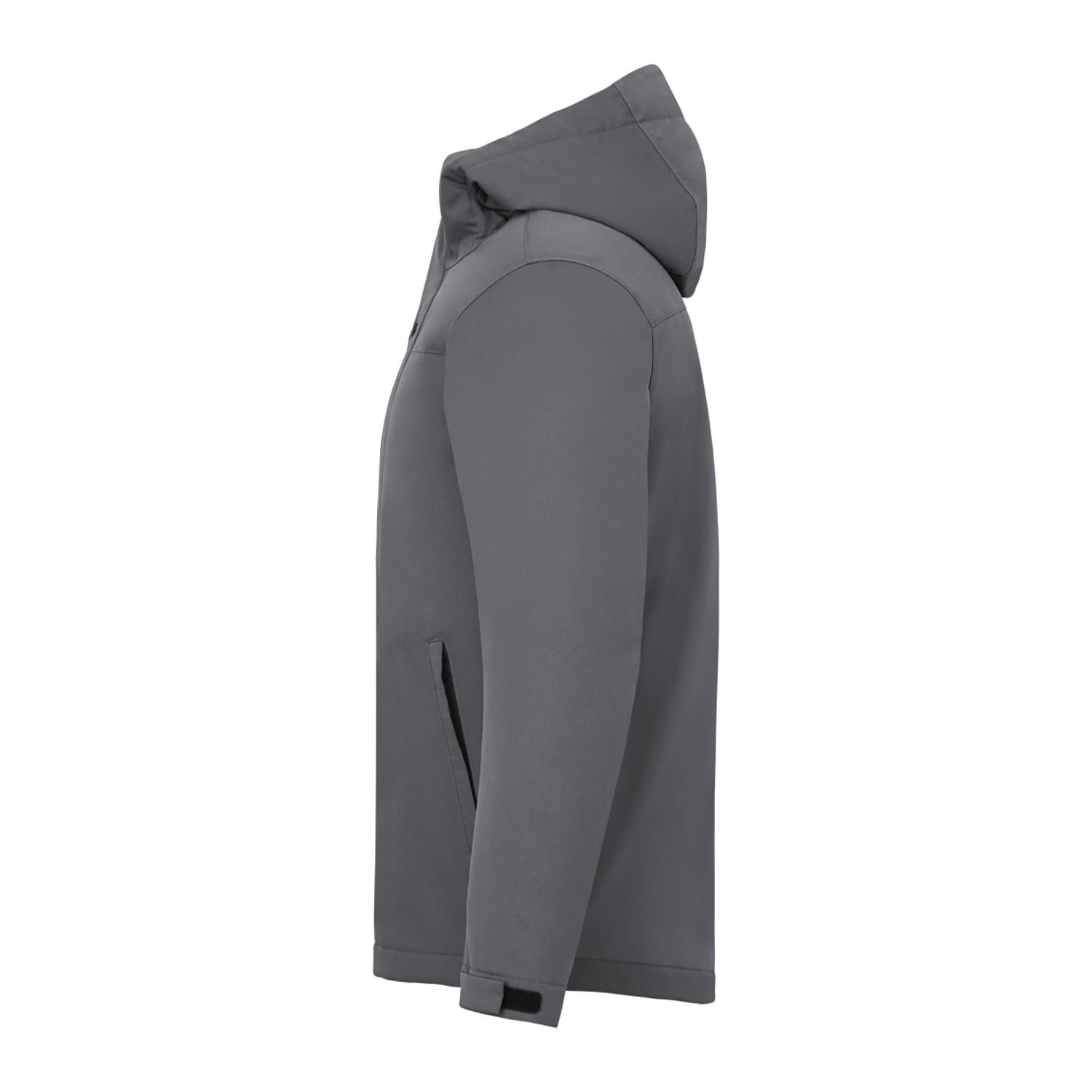 teel Grey insulated hooded jacket made from recycled polyester with waterproof breathable membrane, quilted interior design, adjustable cuffs, dropped back hem, and lightweight weather-resistant construction.