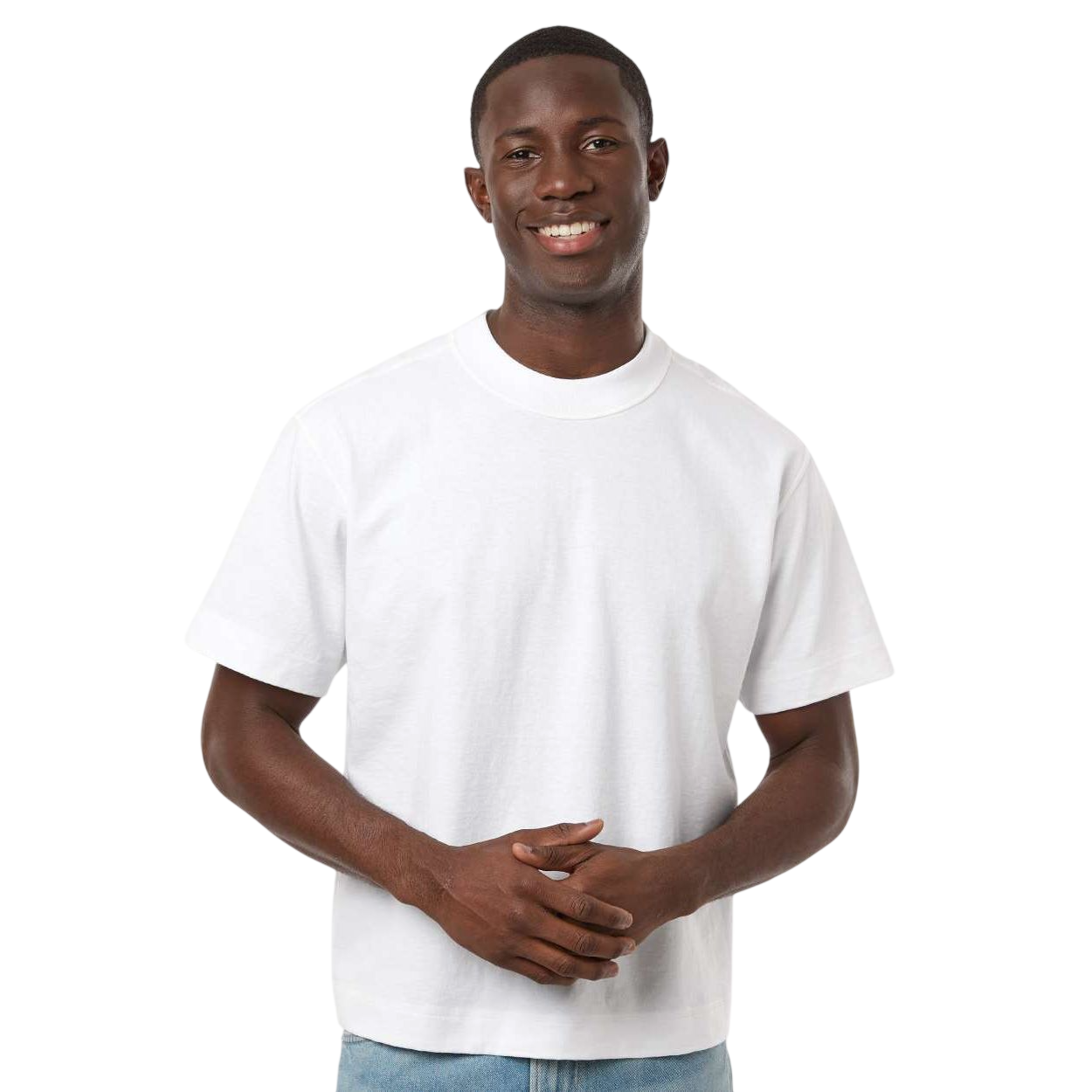 White American Apparel Unisex Heavyweight Cotton Mid-Length T-Shirt with a relaxed, exaggerated fit, wide ribbed crew neckline, short sleeves, and smooth 100% cotton fabric, designed for casual everyday wear and custom branding applications.