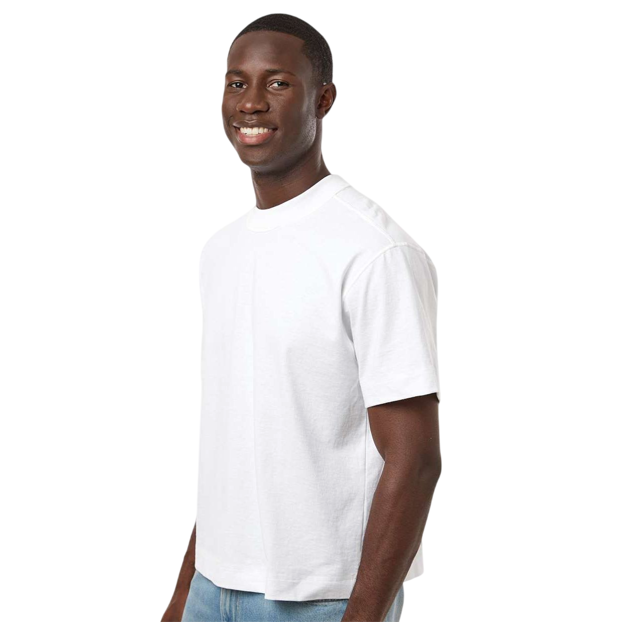 White American Apparel Unisex Heavyweight Cotton Mid-Length T-Shirt with a relaxed, exaggerated fit, wide ribbed crew neckline, short sleeves, and smooth 100% cotton fabric, designed for casual everyday wear and custom branding applications.