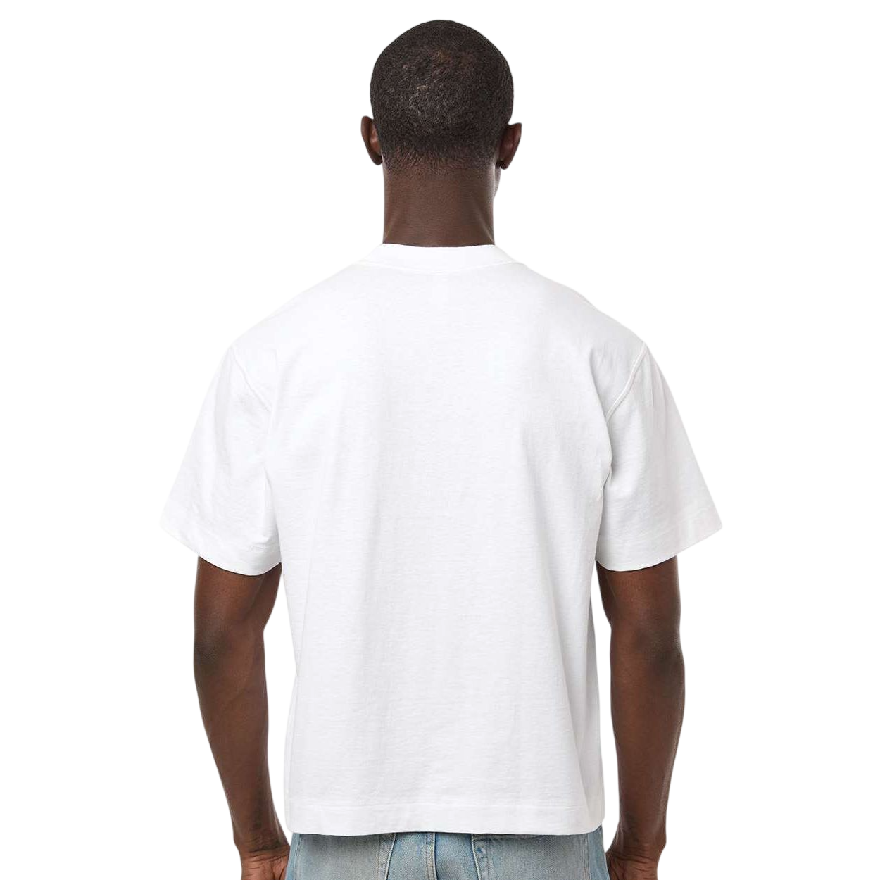 White American Apparel Unisex Heavyweight Cotton Mid-Length T-Shirt with a relaxed, exaggerated fit, wide ribbed crew neckline, short sleeves, and smooth 100% cotton fabric, designed for casual everyday wear and custom branding applications.