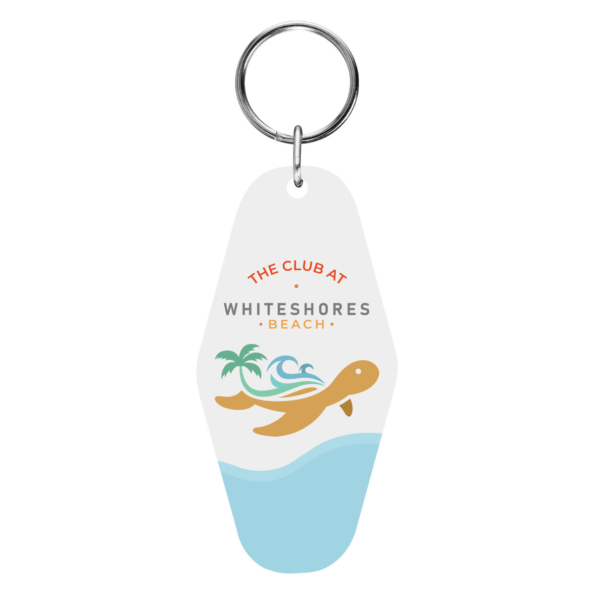 Custom acrylic motel-style key tag with split ring attachment and full-color edge-to-edge graphic design.