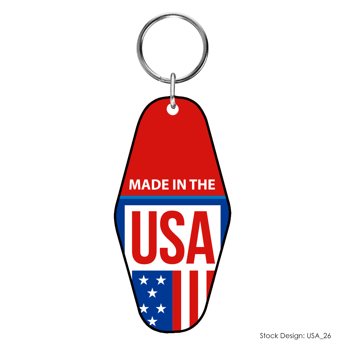 Custom acrylic motel-style key tag with split ring attachment and full-color edge-to-edge graphic design.