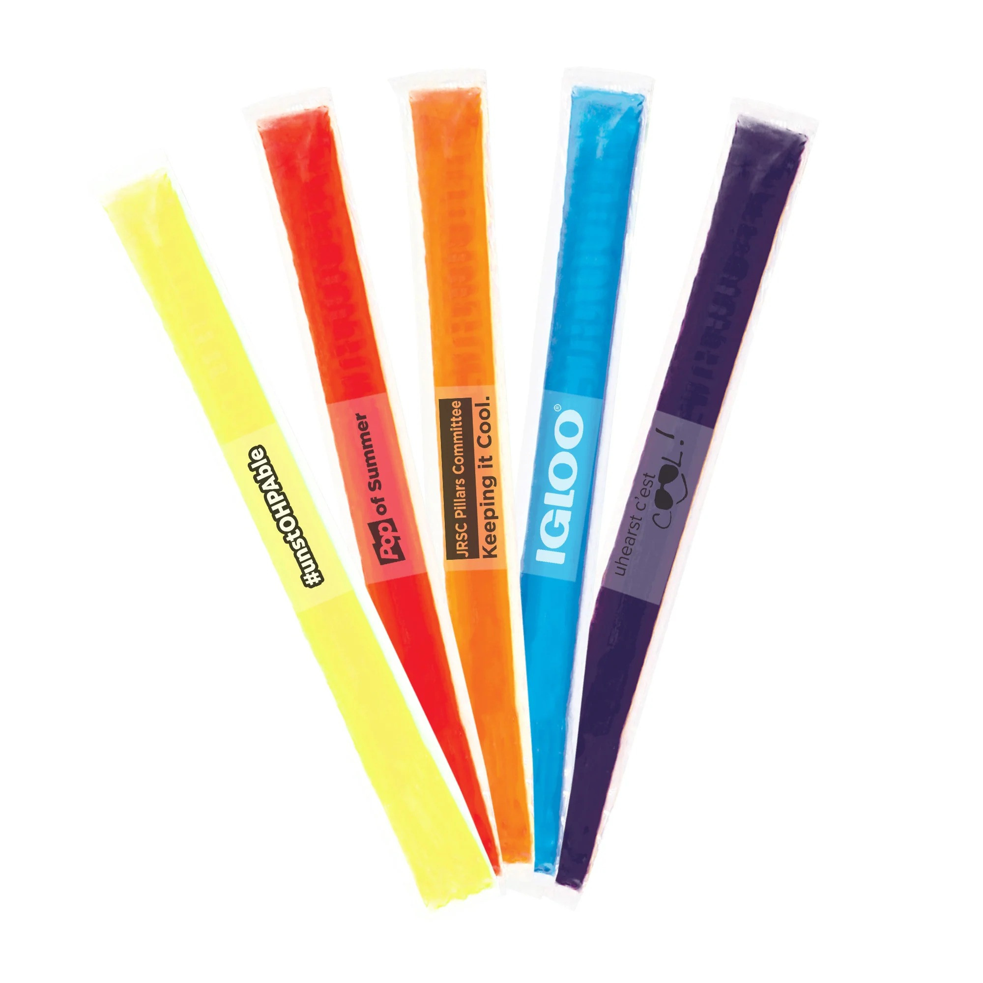 Custom freezer pops filled with assorted fruit-flavored liquid in red, yellow, blue, purple, and orange colors, shown as individually packaged ready-to-freeze frozen snack treats designed for single-serve consumption and warm-weather refreshment.