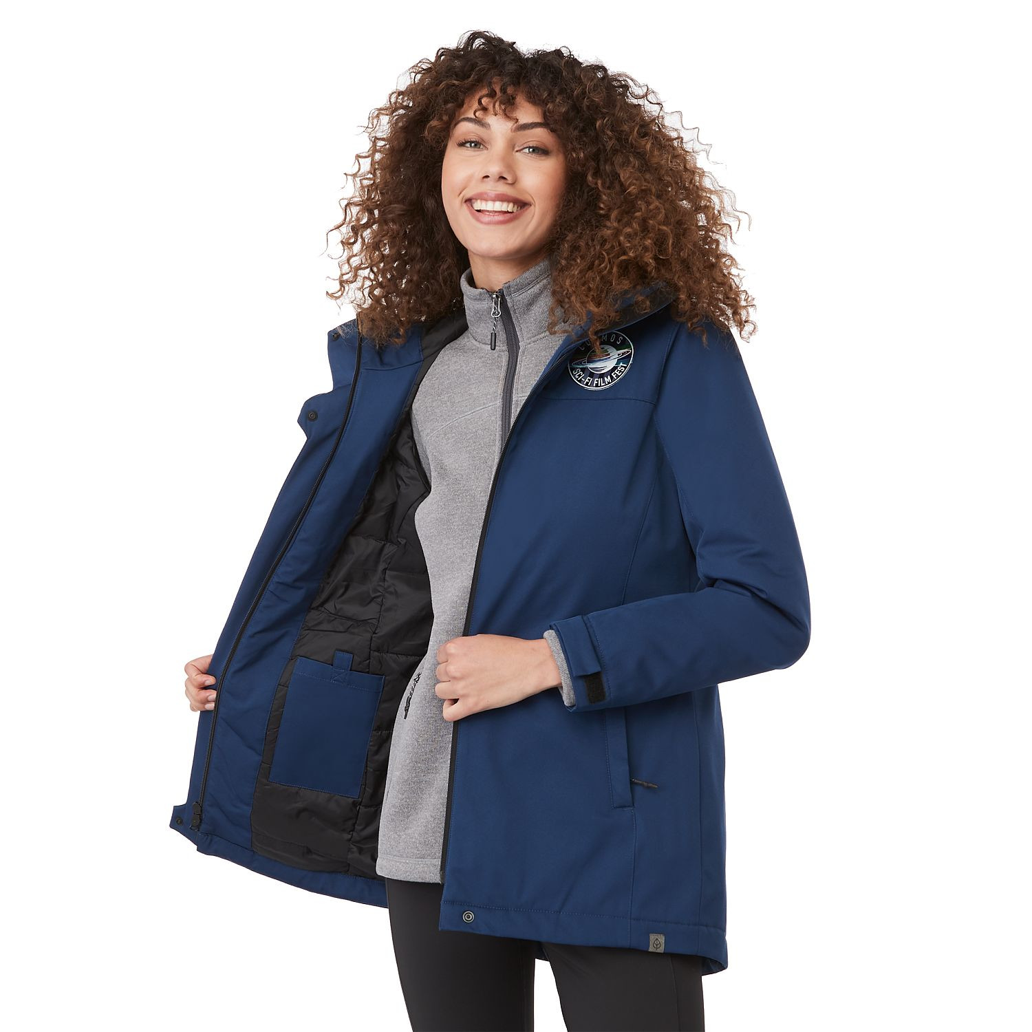 Blue women's insulated hooded jacket made with recycled polyester, featuring a waterproof breathable shell, quilted insulation, adjustable cuffs, storm flap, and mid-length silhouette for lightweight weather protection.