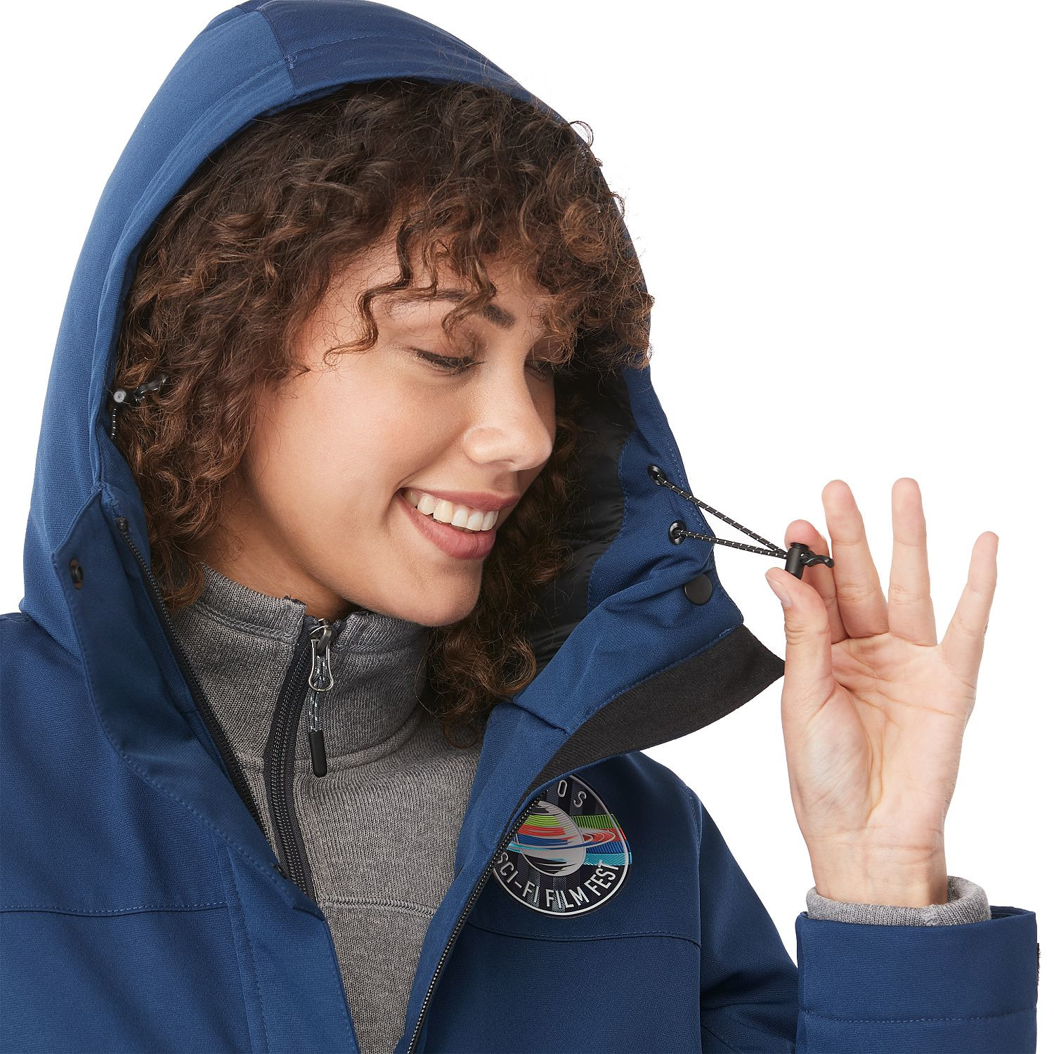 Blue women's insulated hooded jacket made with recycled polyester, featuring a waterproof breathable shell, quilted insulation, adjustable cuffs, storm flap, and mid-length silhouette for lightweight weather protection.