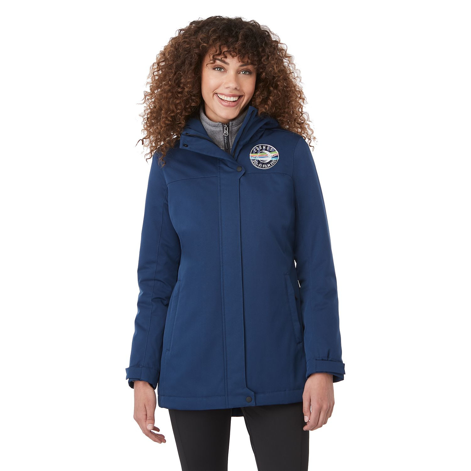 Blue women's insulated hooded jacket made with recycled polyester, featuring a waterproof breathable shell, quilted insulation, adjustable cuffs, storm flap, and mid-length silhouette for lightweight weather protection.
