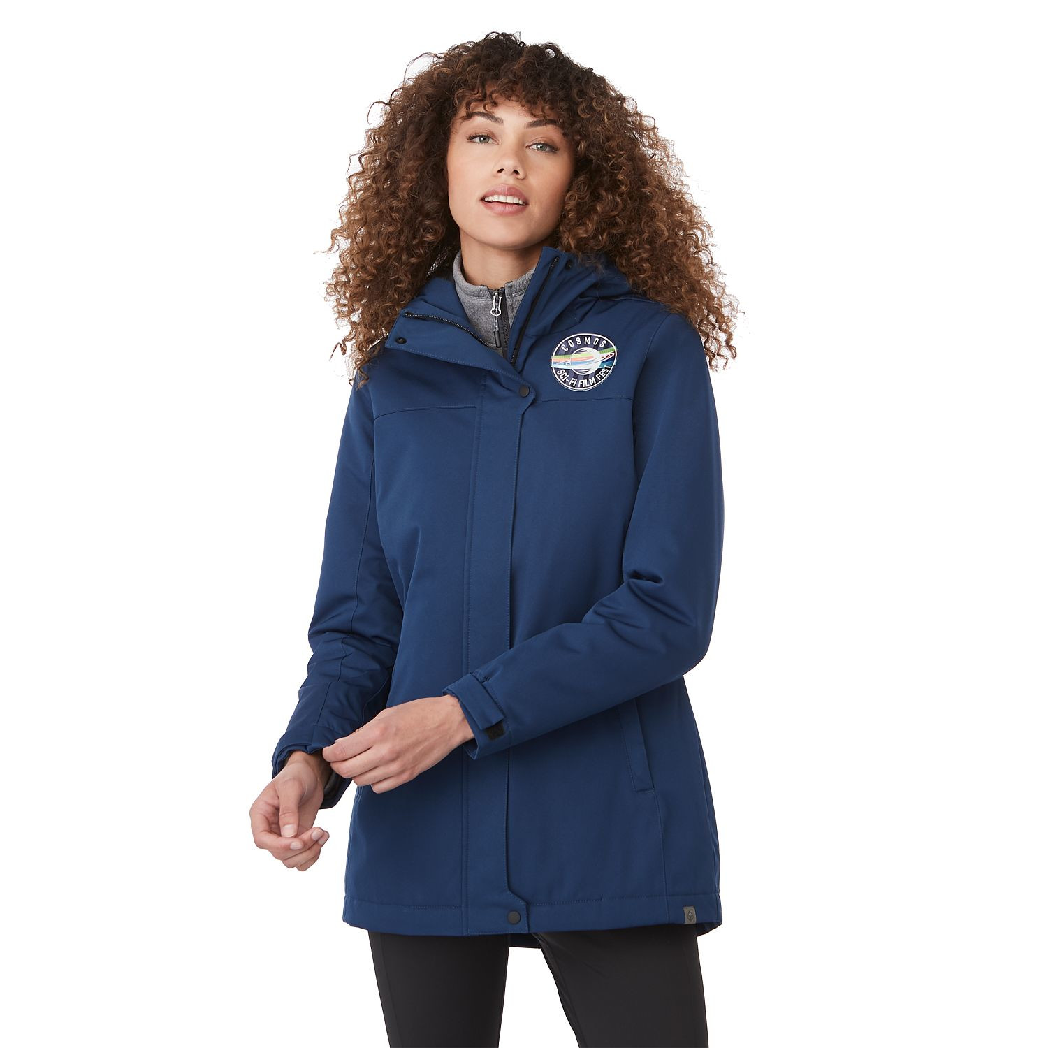 Blue women's insulated hooded jacket made with recycled polyester, featuring a waterproof breathable shell, quilted insulation, adjustable cuffs, storm flap, and mid-length silhouette for lightweight weather protection.
