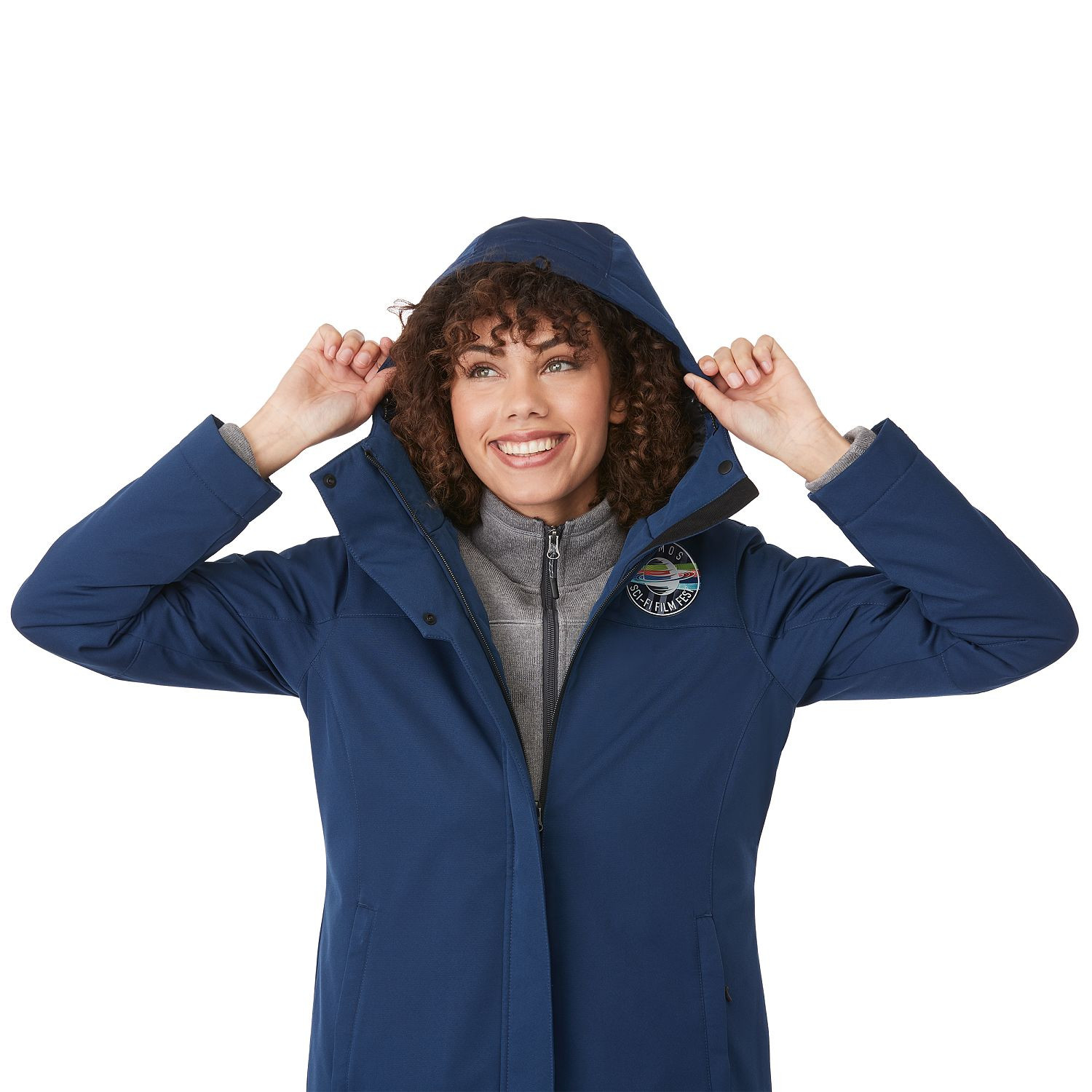 Blue women's insulated hooded jacket made with recycled polyester, featuring a waterproof breathable shell, quilted insulation, adjustable cuffs, storm flap, and mid-length silhouette for lightweight weather protection.
