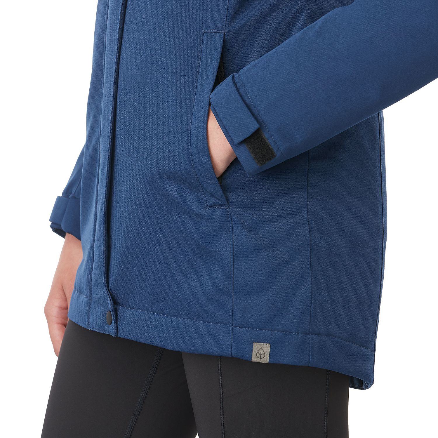 Blue women's insulated hooded jacket made with recycled polyester, featuring a waterproof breathable shell, quilted insulation, adjustable cuffs, storm flap, and mid-length silhouette for lightweight weather protection.